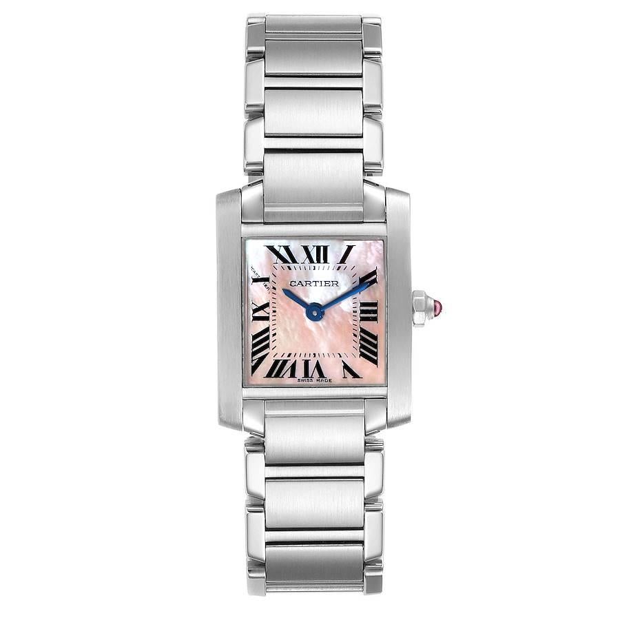 Cartier Tank Francaise Pink Mother of Pearl Steel Watch W51028Q3 Box Papers. Quartz movement. Rectangular stainless steel 20.0 x 25.0 mm case. Octagonal crown set with a pink sapphire cabochon. . Scratch resistant sapphire crystal. Pink Mother of