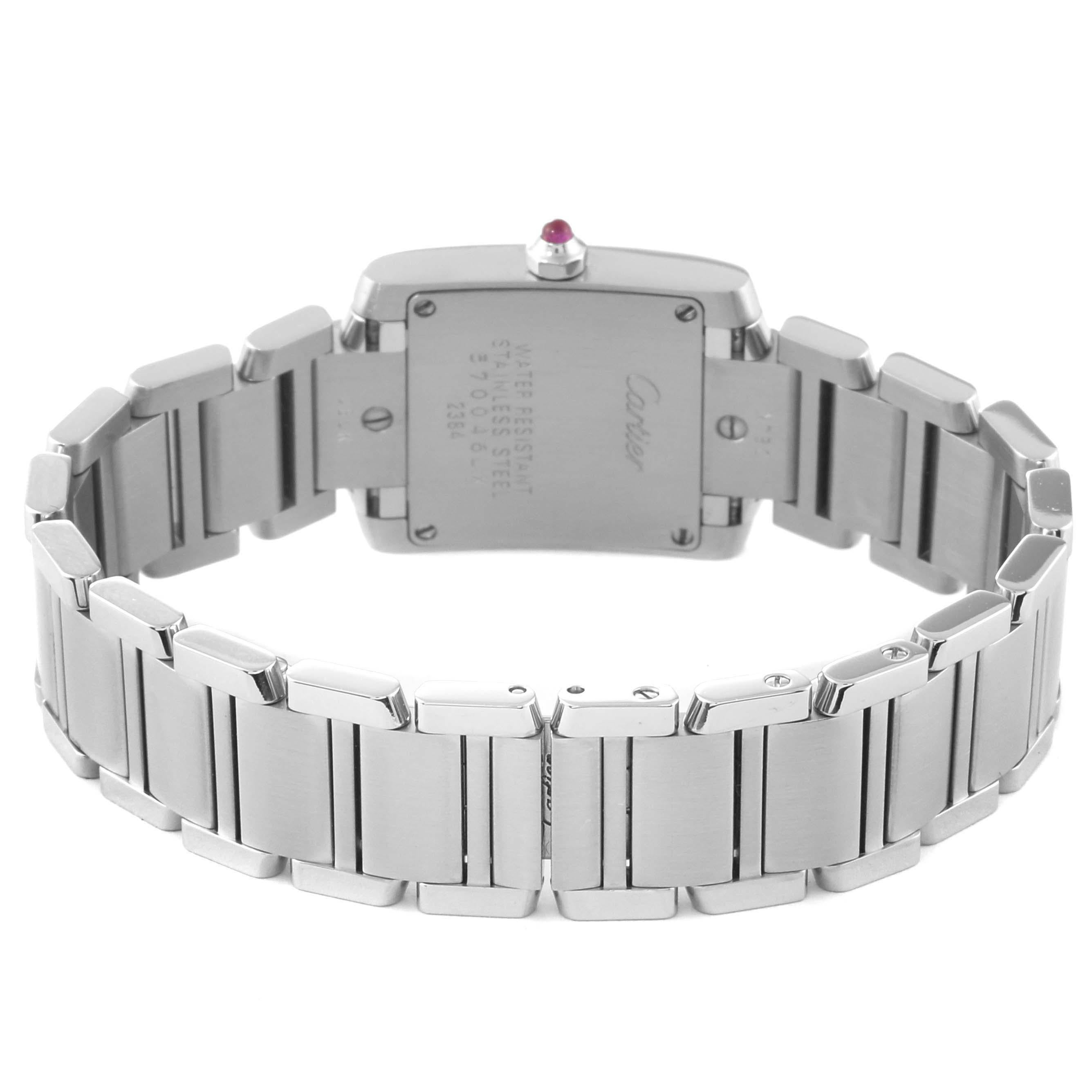 Cartier Tank Francaise Raspberry Dial LE Steel Ladies Watch W51030Q3. Quartz movement. Rectangular stainless steel 20.0 x 25.0 mm case. Octagonal crown set with a pink spinel cabochon. . Scratch resistant sapphire crystal. Raspberry dial with white