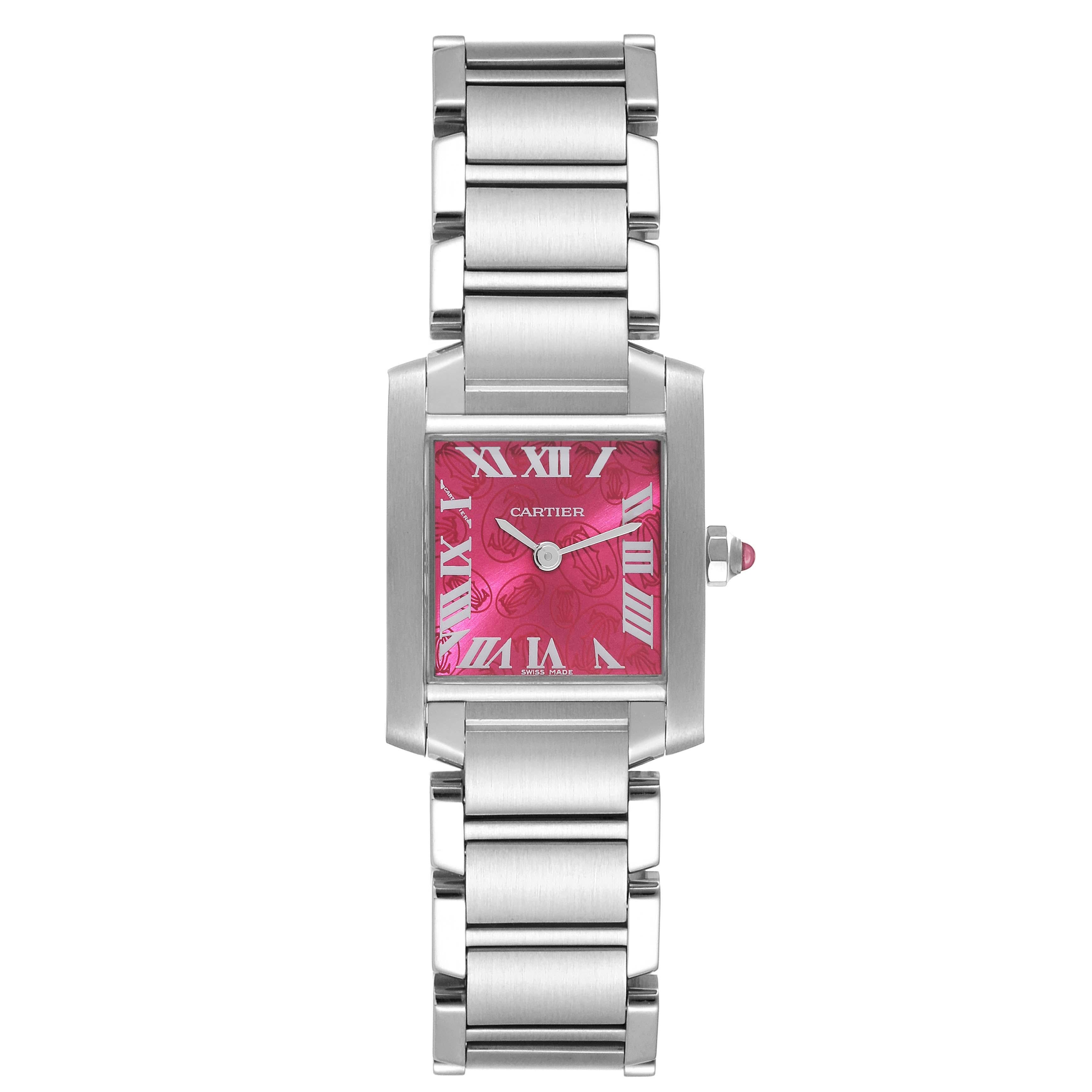 Cartier Tank Francaise Raspberry Dial Limited Edition Steel Ladies Watch W51030Q3 Papers. Quartz movement. Rectangular stainless steel 20.0 x 25.0 mm case. Octagonal crown set with a pink spinel cabochon. . Scratch resistant sapphire crystal.