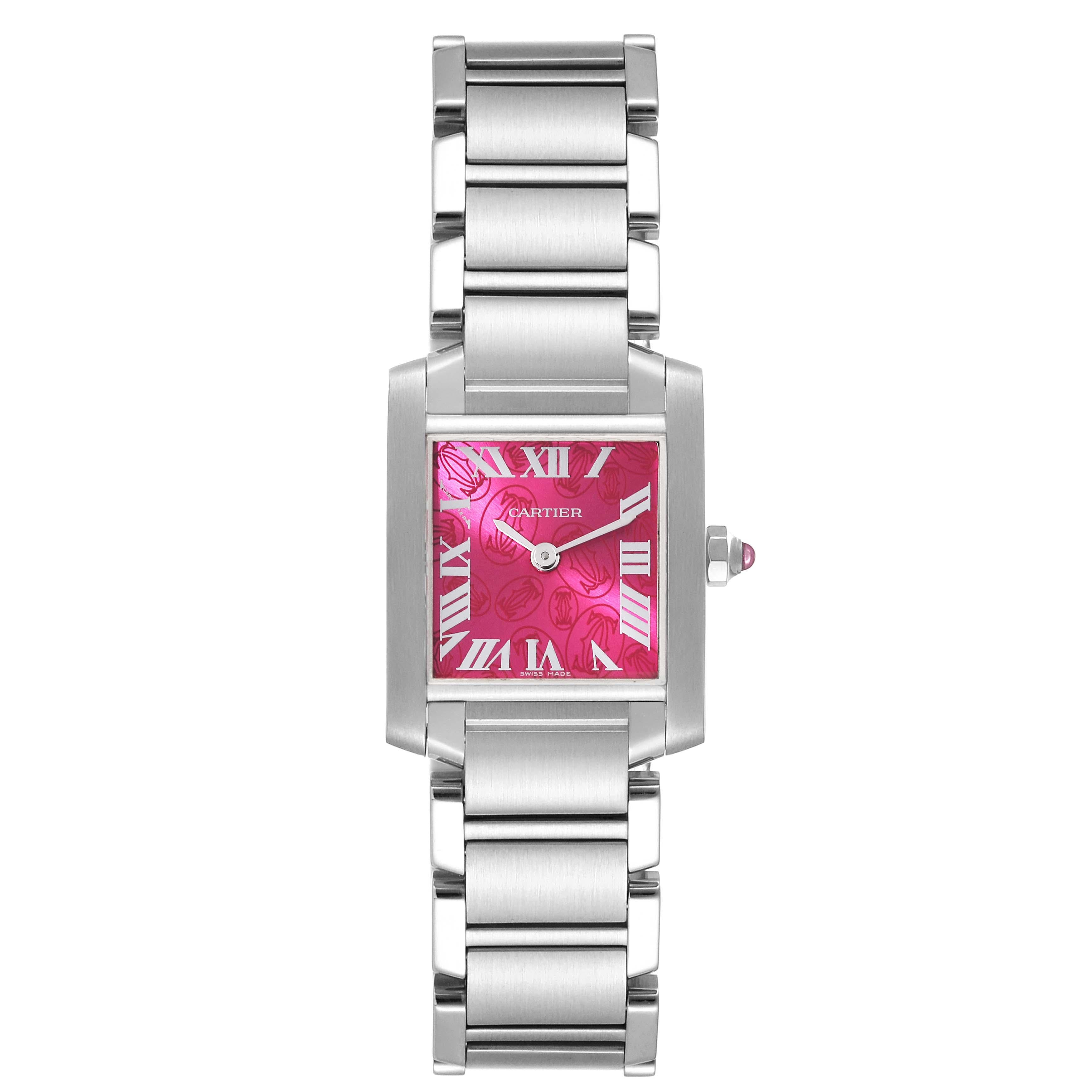 Cartier Tank Francaise Raspberry Dial Limited Edition Steel Ladies Watch W51030Q3. Quartz movement. Rectangular stainless steel 20.0 x 25.0 mm case. Octagonal crown set with a pink spinel cabochon. . Scratch resistant sapphire crystal. Raspberry