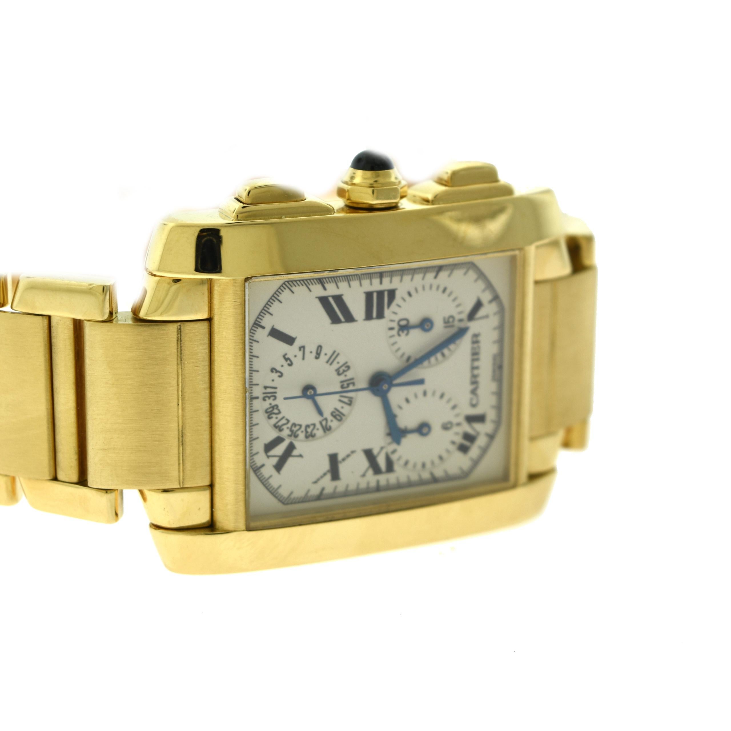 Brilliance Jewels, Miami
Questions? Call Us Anytime!
786,482,8100

Brand: Cartier

Collection: Tank Francaise Chronograph

Model Number.: 1830

Model No.: W50005R2

Movement: Quartz

Case Material: 18k Yellow Gold

Case Size: 36 mm

Dial: Silvered