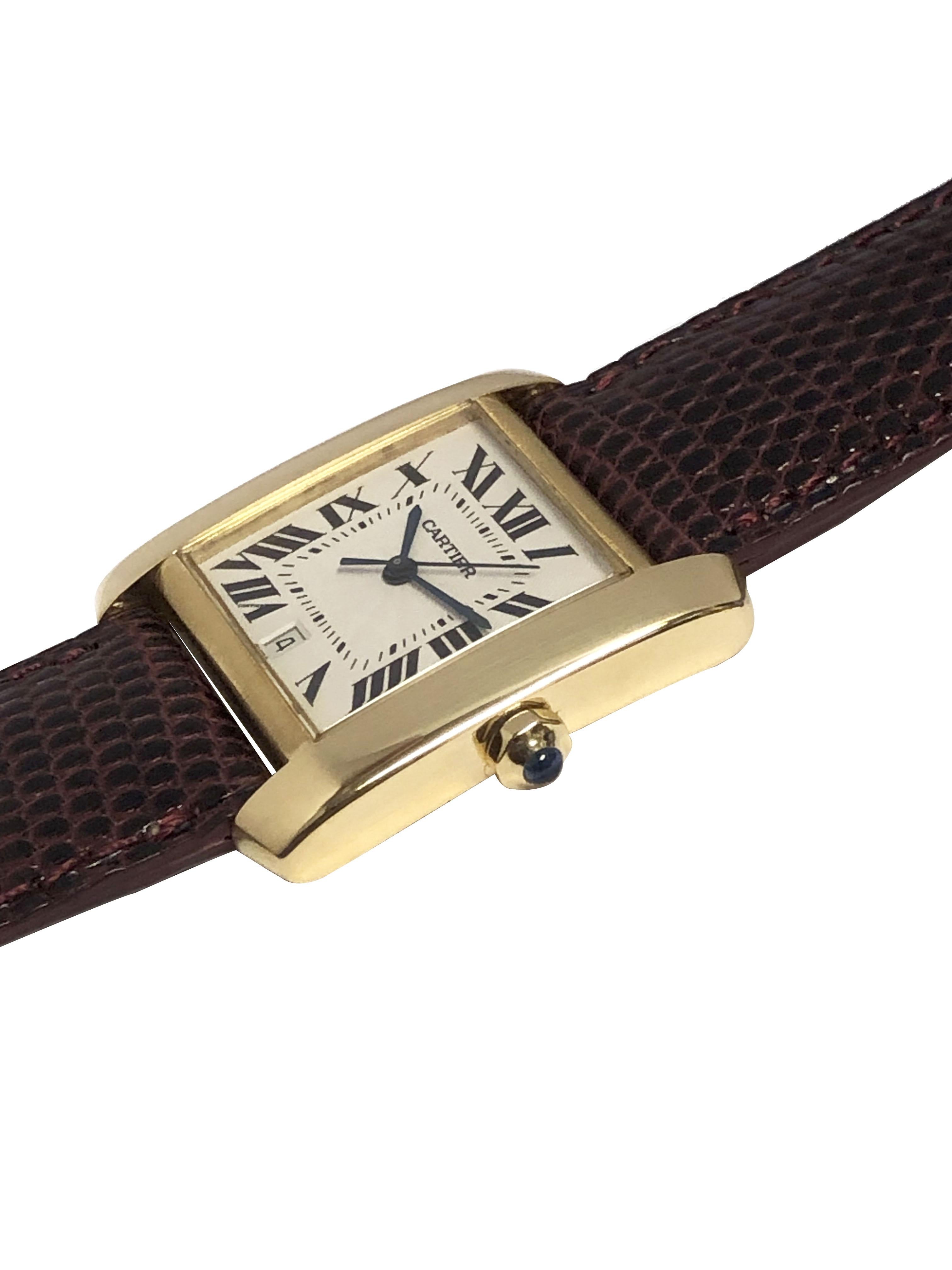 Circa 2005 Cartier Tank Francaise Reference 1840 Wrist Watch, 28 X 23 M.M. 18k Yellow Gold 2 piece Water resistant case, Automatic Self winding movement, Sapphire Crown and Sapphire Glass Crystal. Engine Turned White dial with Black Roman Numerals,