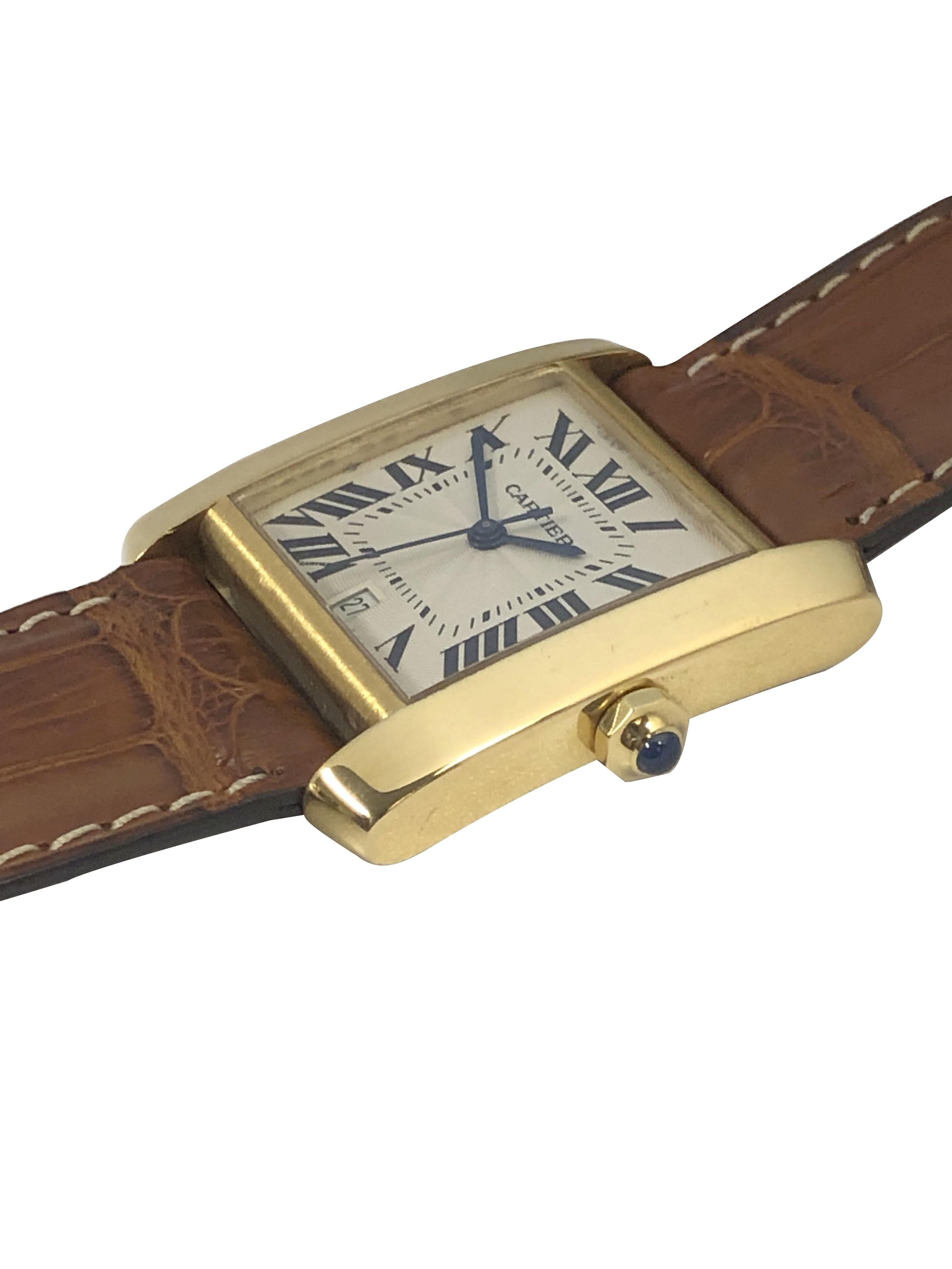 Circa 2015 Cartier Tank Francaise Reference 1840 Wrist Watch, 31 X 28 M.M. 18k Yellow Gold 2 piece water resistant case, sapphire Crown , Synthetic Sapphire Glass Crystal, Automatic, Self winding movement, silver Engine turned dial with Black Roman