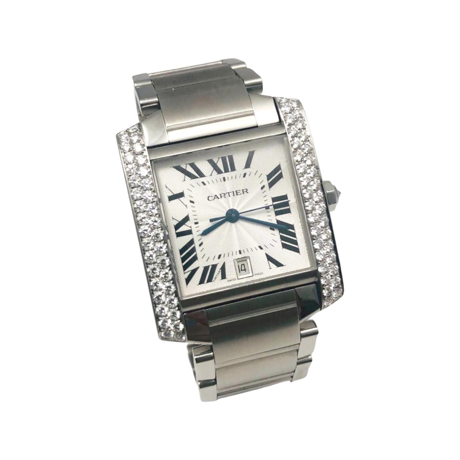 Brand: Cartier

Model: Panthere 

Movement: Automatic 

Case Size: 28 x 33 mm 

Dial: Roman Numeral Hour Markers

Bezel: Stainless Steel/Custom Diamonds

Case Material: Stainless Steel

Band Material: Stainless Steel

Crystal: Scratch-Resistant