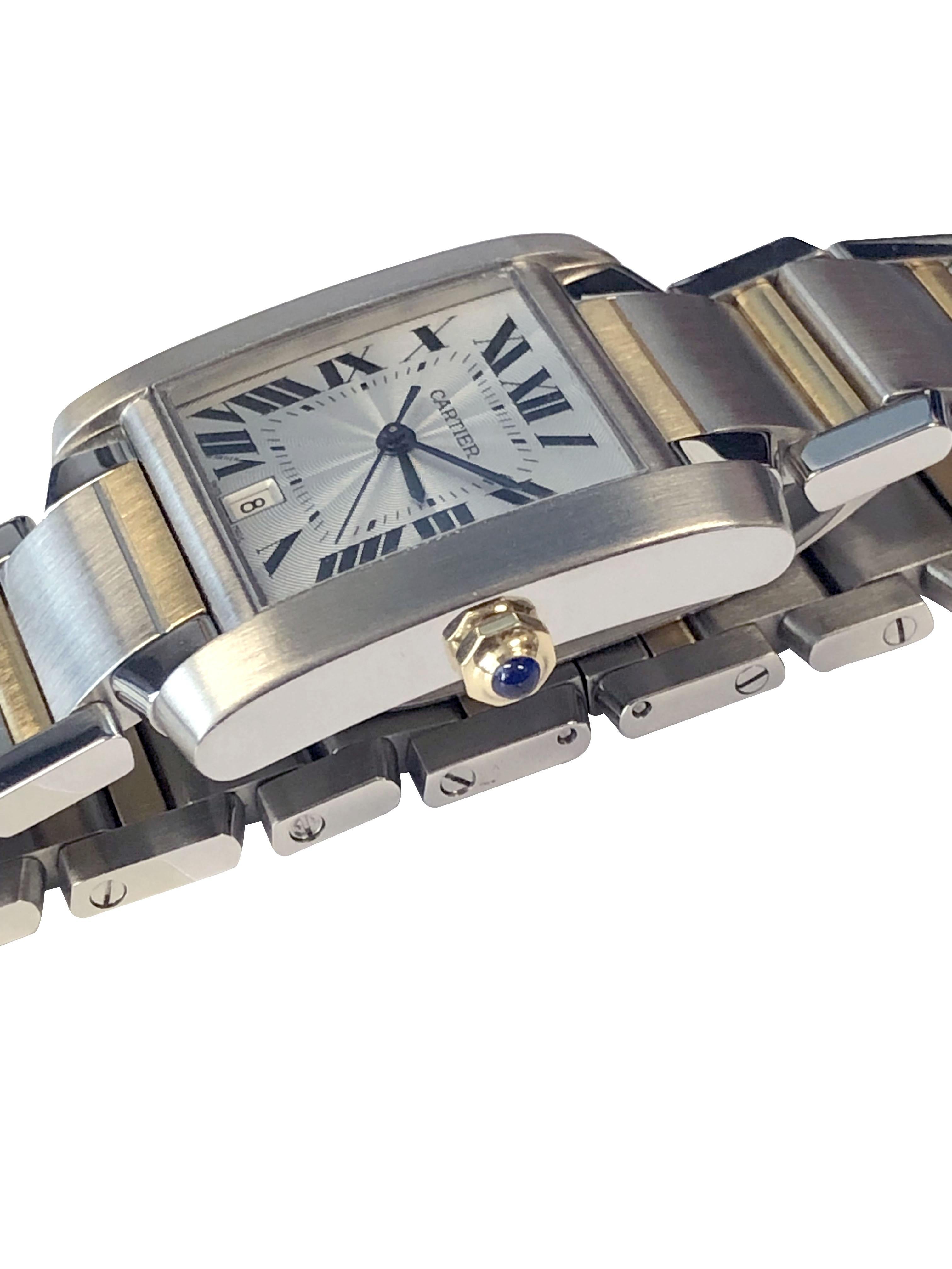 
Circa 2020 Cartier Tank Francaise Referencia 2302,  32 X 28 MM Caja de acero inoxidable resistente al agua, Corona de oro y zafiro, Movimiento automático de cuerda automática, Esfera plateada torneada a motor con segundero de barrido con números