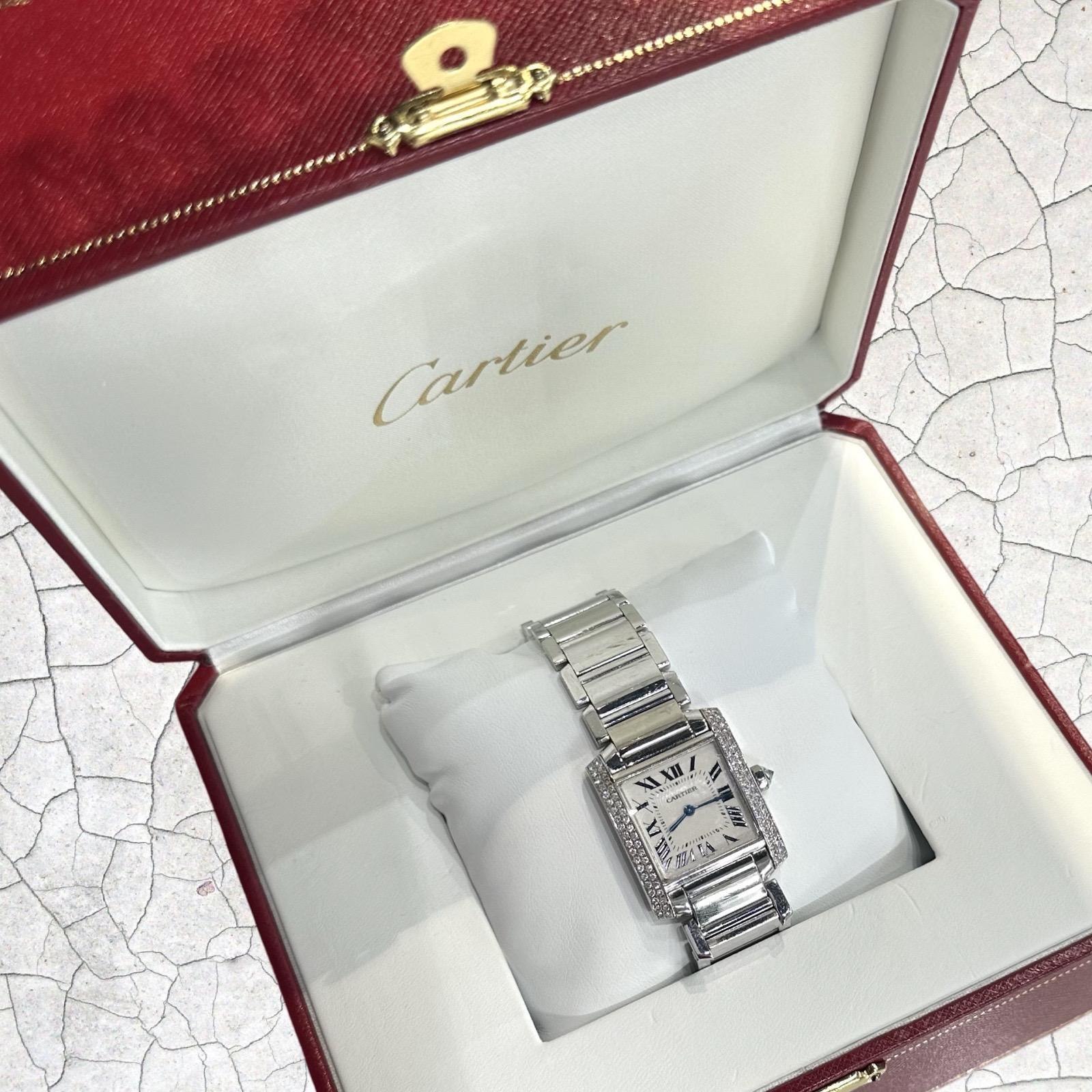 Round Cut Cartier Tank Francaise Ref. 2404 18k White Gold Diamond Bezel Watch