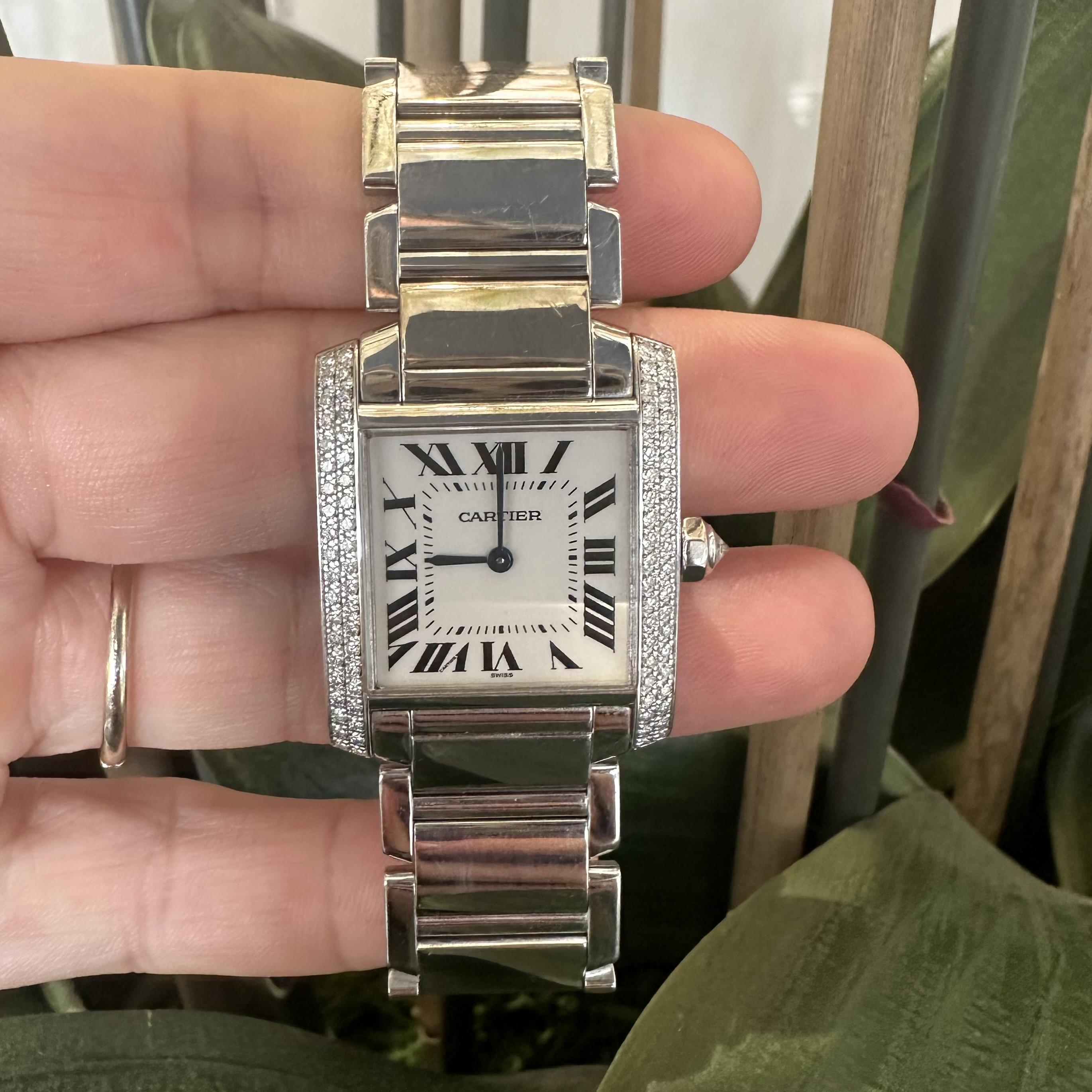 Cartier Tank Francaise Ref. 2404 18k White Gold Diamond Bezel Watch In Good Condition In Miami, FL