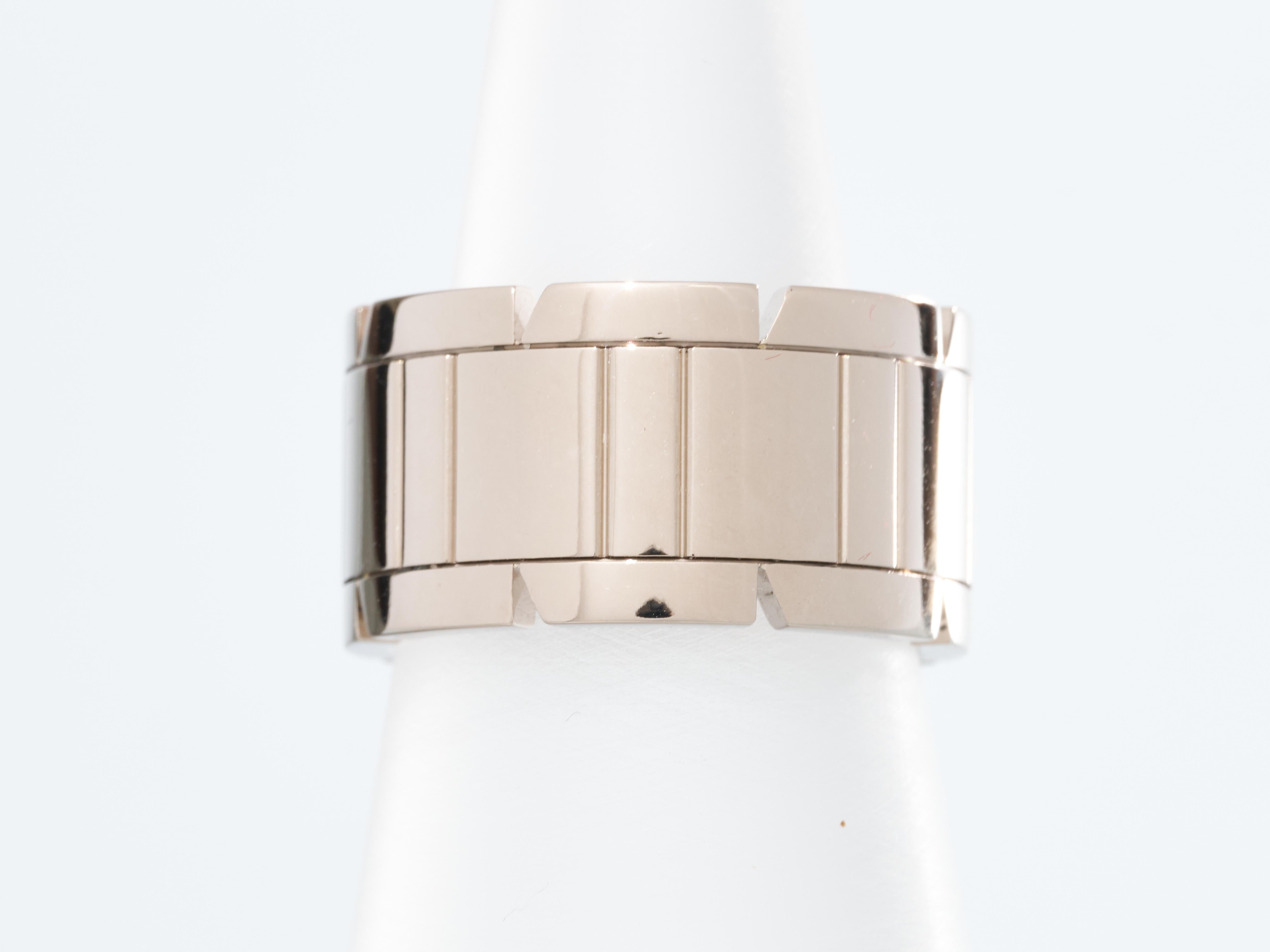 Cartier 
Tank Francaise Ring

Cartier 
Full Size - 11mm Tall
 
18K White Gold 

Immaculate 
Size M 1/2 
EU 53
US 7
Internal Diameter 17mm

Immaculate Condition

Total Weight 13.6g

UK Hallmarked

Equivalent RRP £3,900

Comes with original Box