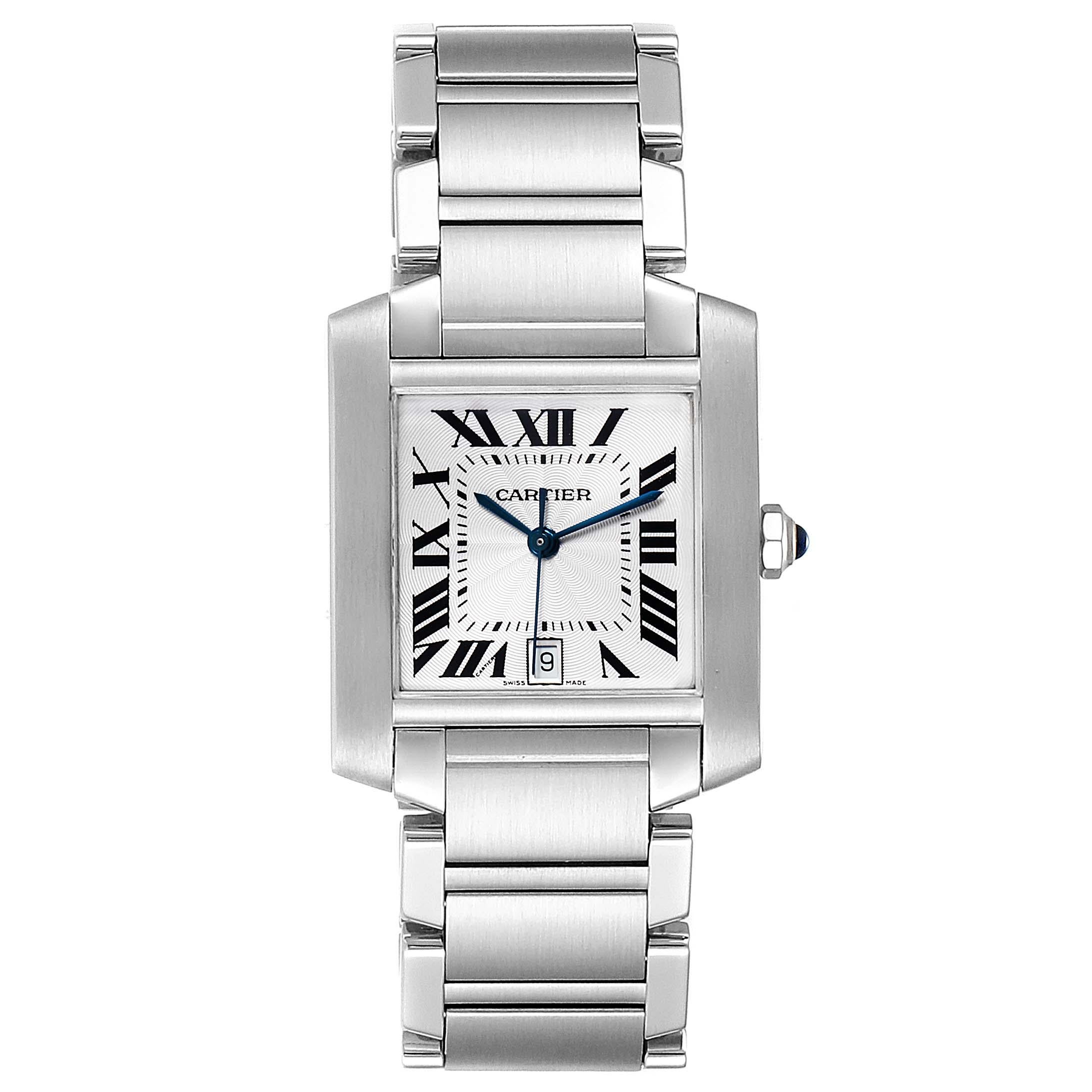 Cartier Tank Francaise Silver Dial Automatic Steel Mens Watch W51002Q3. Automatic self-winding movement. Rectangular stainless steel 28.0 x 32.0 mm case. Octagonal crown set with a blue spinel cabochon. . Scratch resistant sapphire crystal. Silver