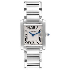 Cartier: Blaue Damenuhr W51008Q3, Tank Francaise, Silber-Zifferblatt mit blauen Henkeln