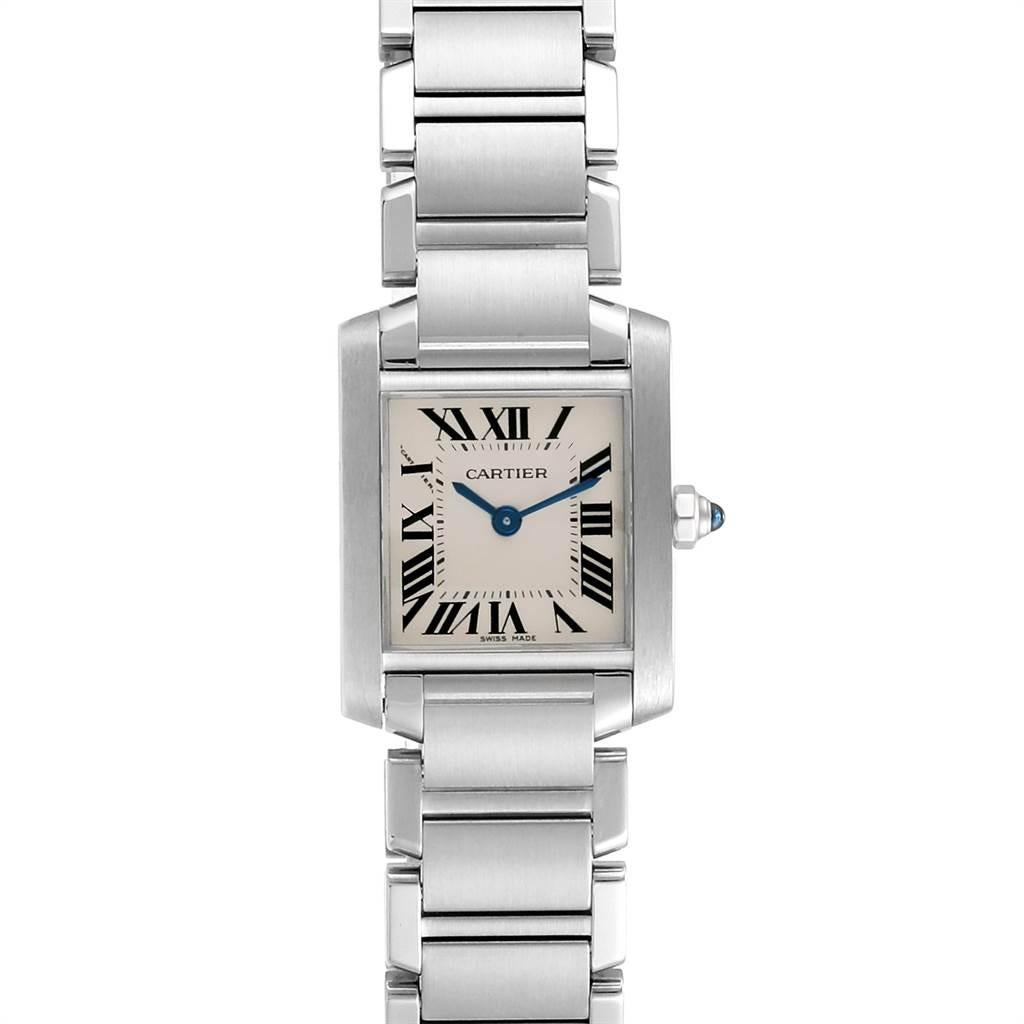 Cartier Tank Francaise Silver Dial Blue Hands Ladies Watch W51008Q3. Quartz movement. Rectangular stainless steel 20.0 x 25.0 mm case. Octagonal crown set with a blue spinel cabochon. Scratch resistant sapphire crystal. Silver grained dial with