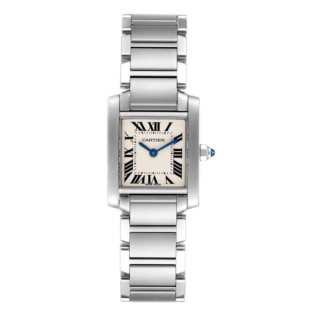 Cartier Tank Francaise Silver Dial Blue Hands Ladies Watch W51008Q3. Quartz movement. Rectangular stainless steel 20.0 x 25.0 mm case. Octagonal crown set with a blue spinel cabochon. Scratch resistant sapphire crystal. Silver grained dial with
