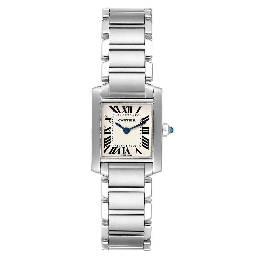 Cartier Tank Francaise Silver Dial Blue Hands Ladies Watch W51008Q3. Quartz movement. Rectangular stainless steel 20.0 x 25.0 mm case. Octagonal crown set with a blue spinel cabochon. Scratch resistant sapphire crystal. Silver grained dial with