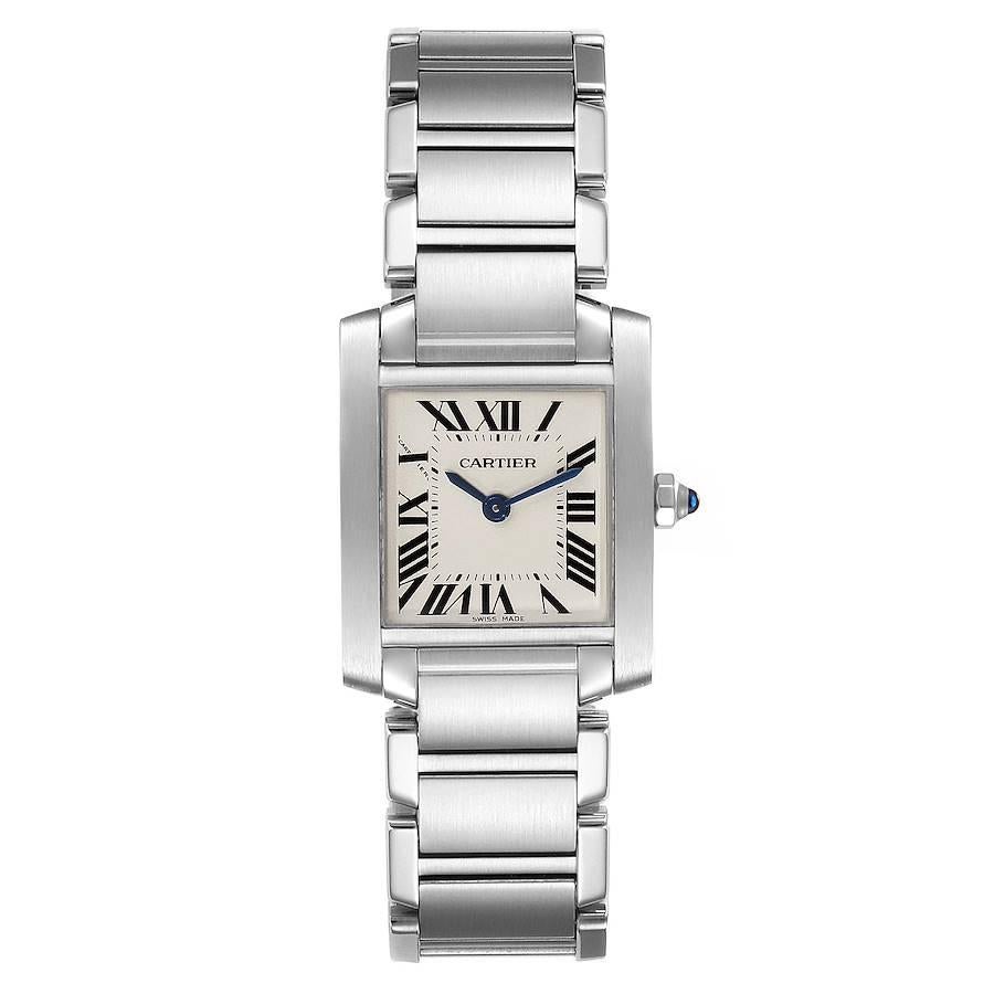 Cartier Tank Francaise Silver Dial Blue Hands Ladies Watch W51008Q3. Quartz movement. Rectangular stainless steel 20.0 x 25.0 mm case. Octagonal crown set with a blue spinel cabochon. . Scratch resistant sapphire crystal. Silver grained dial with