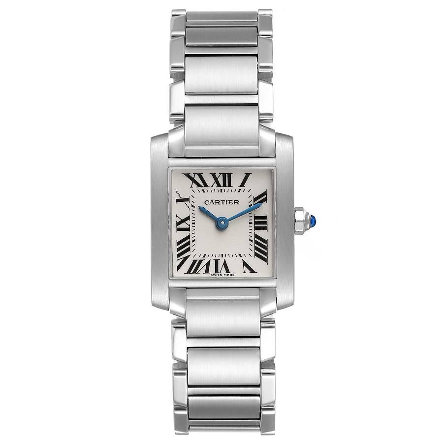 Cartier Tank Francaise Silver Dial Blue Hands Ladies Watch W51008Q3. Quartz movement. Rectangular stainless steel 20.0 x 25.0 mm case. Octagonal crown set with a blue spinel cabochon. . Scratch resistant sapphire crystal. Silver grained dial with