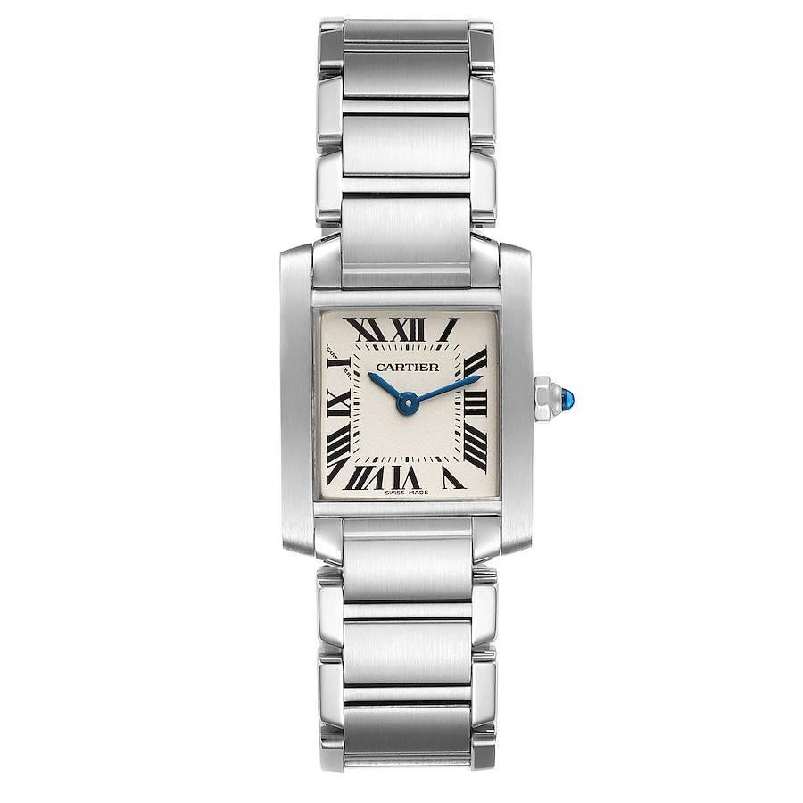 Cartier Tank Francaise Silver Dial Blue Hands Ladies Watch W51008Q3. Quartz movement. Rectangular stainless steel 20.0 x 25.0 mm case. Octagonal crown set with a blue spinel cabochon. . Scratch resistant sapphire crystal. Silver grained dial with