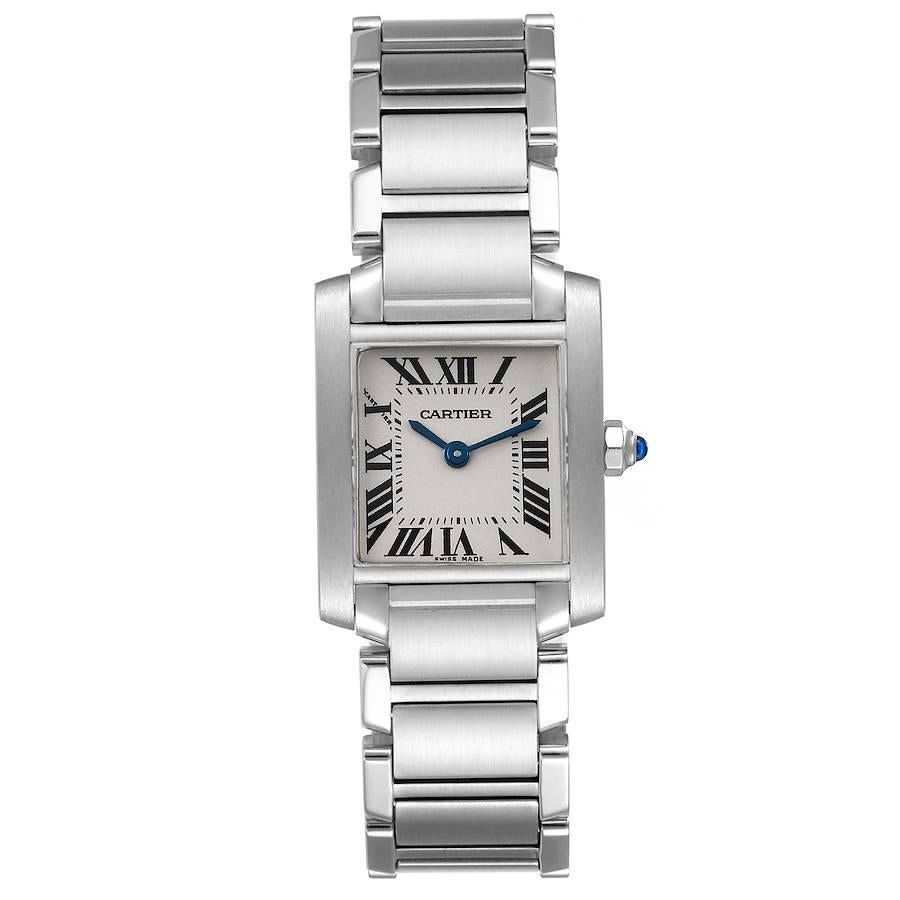 Cartier Tank Francaise Silver Dial Blue Hands Ladies Watch W51008Q3. Quartz movement. Rectangular stainless steel 20.0 x 25.0 mm case. Octagonal crown set with a blue spinel cabochon. . Scratch resistant sapphire crystal. Silver grained dial with