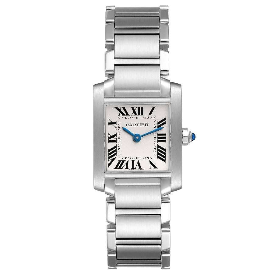 Cartier Tank Francaise Silver Dial Blue Hands Ladies Watch W51008Q3. Quartz movement. Rectangular stainless steel 20.0 x 25.0 mm case. Octagonal crown set with a blue spinel cabochon. . Scratch resistant sapphire crystal. Silver grained dial with