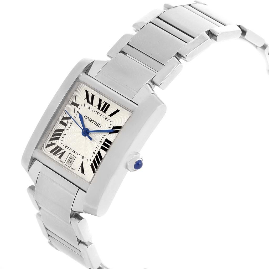 Cartier Tank Francaise Silver Roman Dial Steel Watch Model W51002Q3. Automatic self-winding movement. Rectangular stainless steel 28.0 x 32.0 mm case. Octagonal crown set with a blue spinel cabochon. Stainless steel fixed bezel. Scratch resistant