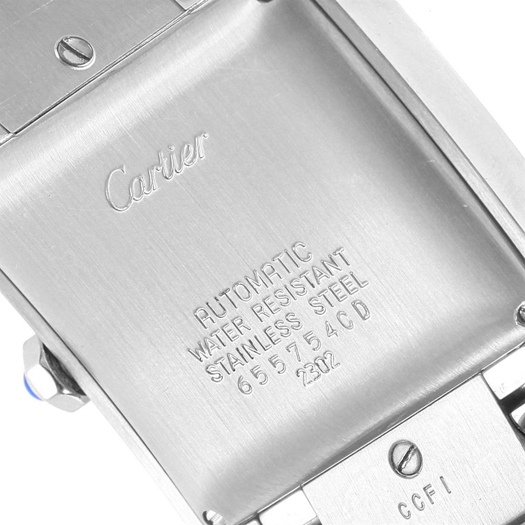 Cartier Tank Francaise Silver Roman Dial Steel Watch Model W51002Q3. Automatic self-winding movement. Rectangular stainless steel 28.0 x 32.0 mm case. Octagonal crown set with a blue spinel cabochon. Fixed stainless steel bezel. Scratch resistant