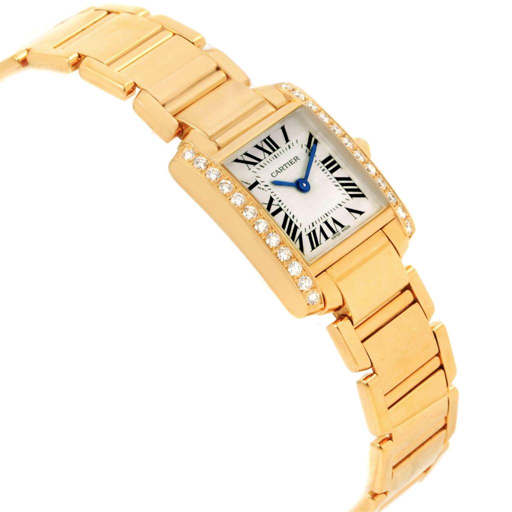 Cartier Tank Francaise Small 18K Yellow Gold Diamond Watch WE1001R8. Quartz movement. Rectangular 18K yellow gold 20.0 x 25.0 mm case. Octagonal crown set with a diamond. 18k yellow gold diamond bezel. Scratch resistant sapphire crystal. Silvered
