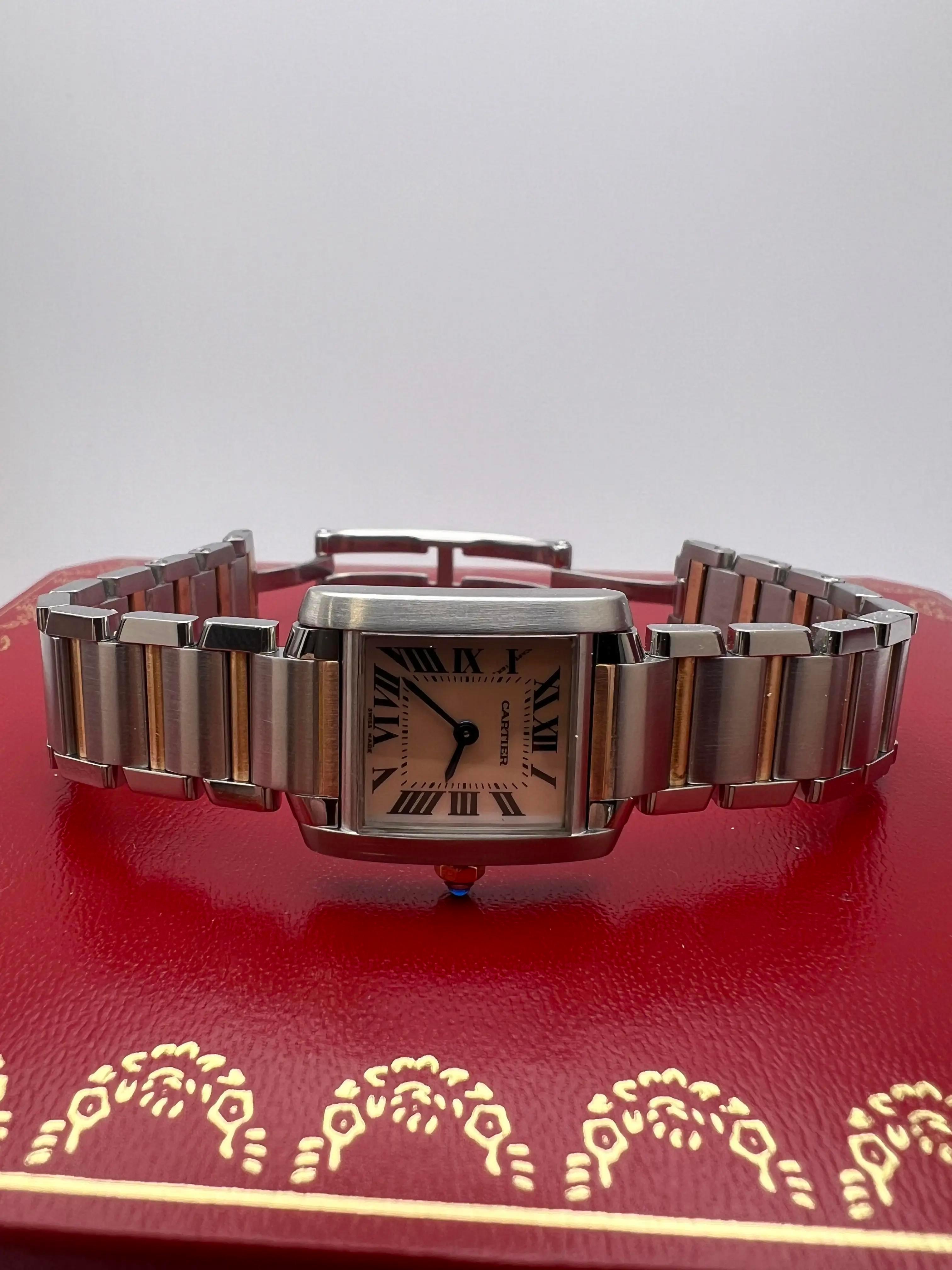 Cartier Tank Francaise Small 18K Two Tone Rose Pink MOP Dial Box Papers W51027Q4 In Excellent Condition For Sale In New York, NY