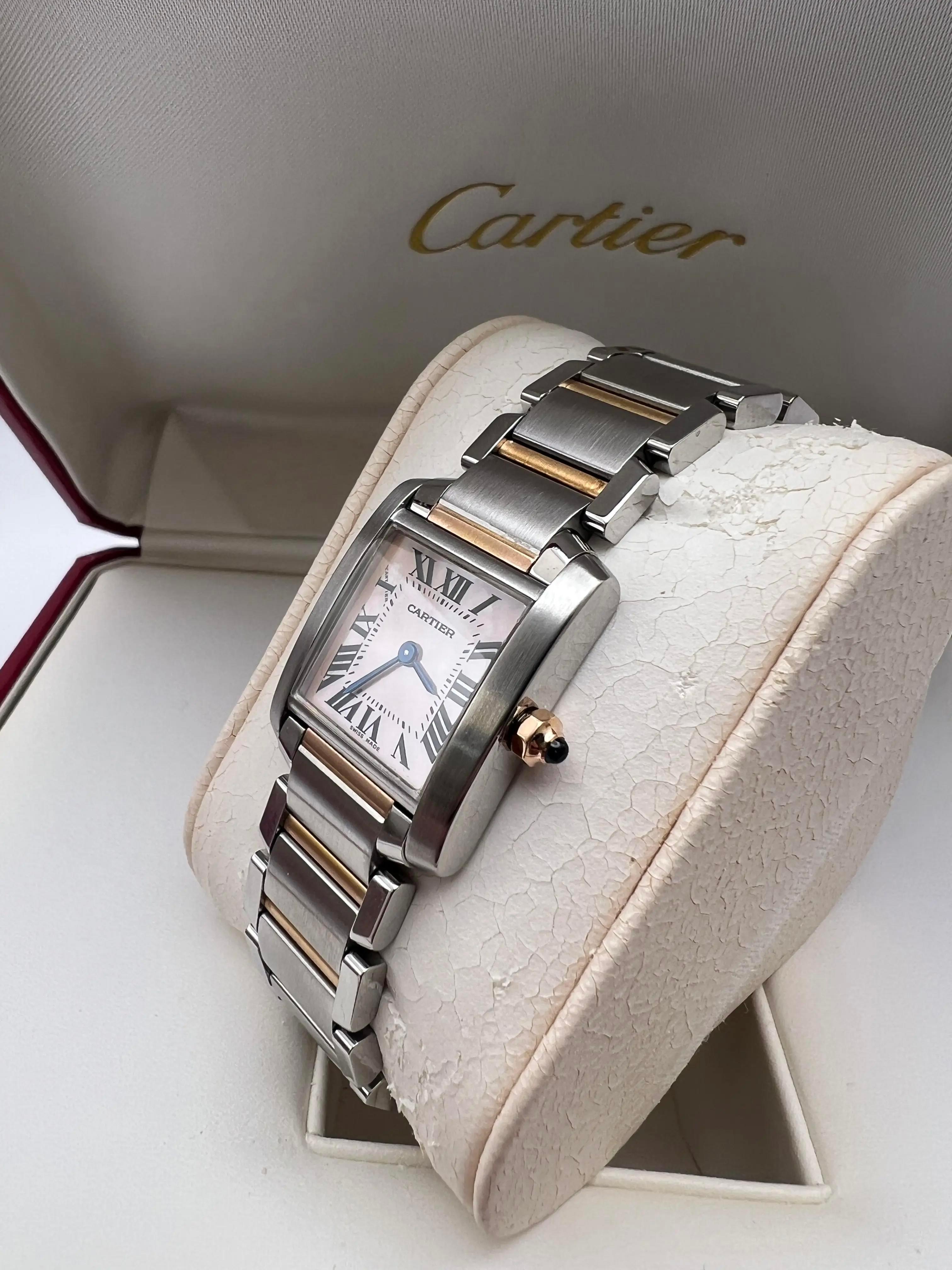 Cartier Tank Francaise Small 18K Two Tone Rose Pink MOP Dial Box Papers W51027Q4 For Sale 2