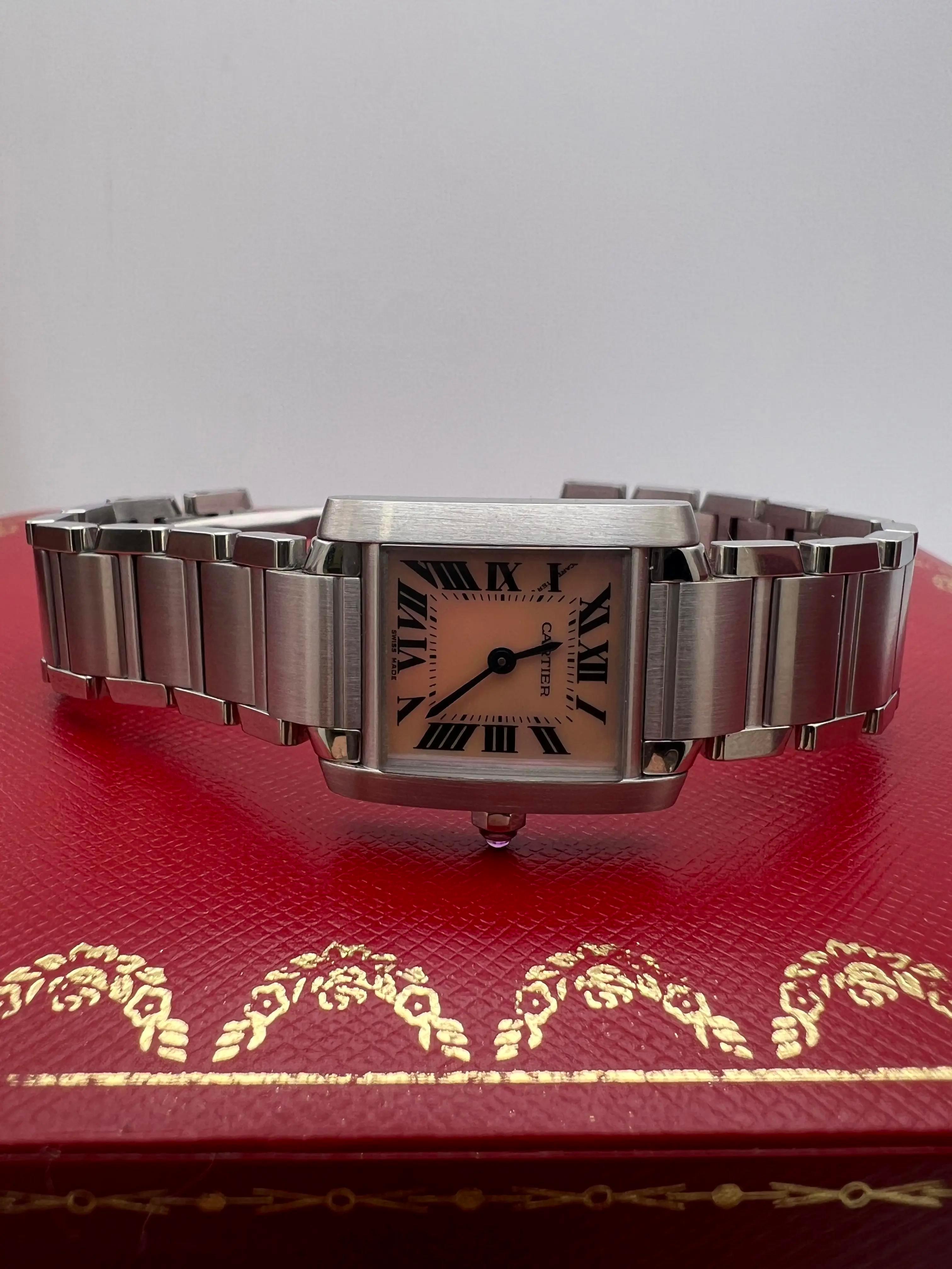 Cartier Tank Francaise Small 20mm W51028Q3 Pink Mother Of Pearl Dial Box Papers In Excellent Condition For Sale In New York, NY