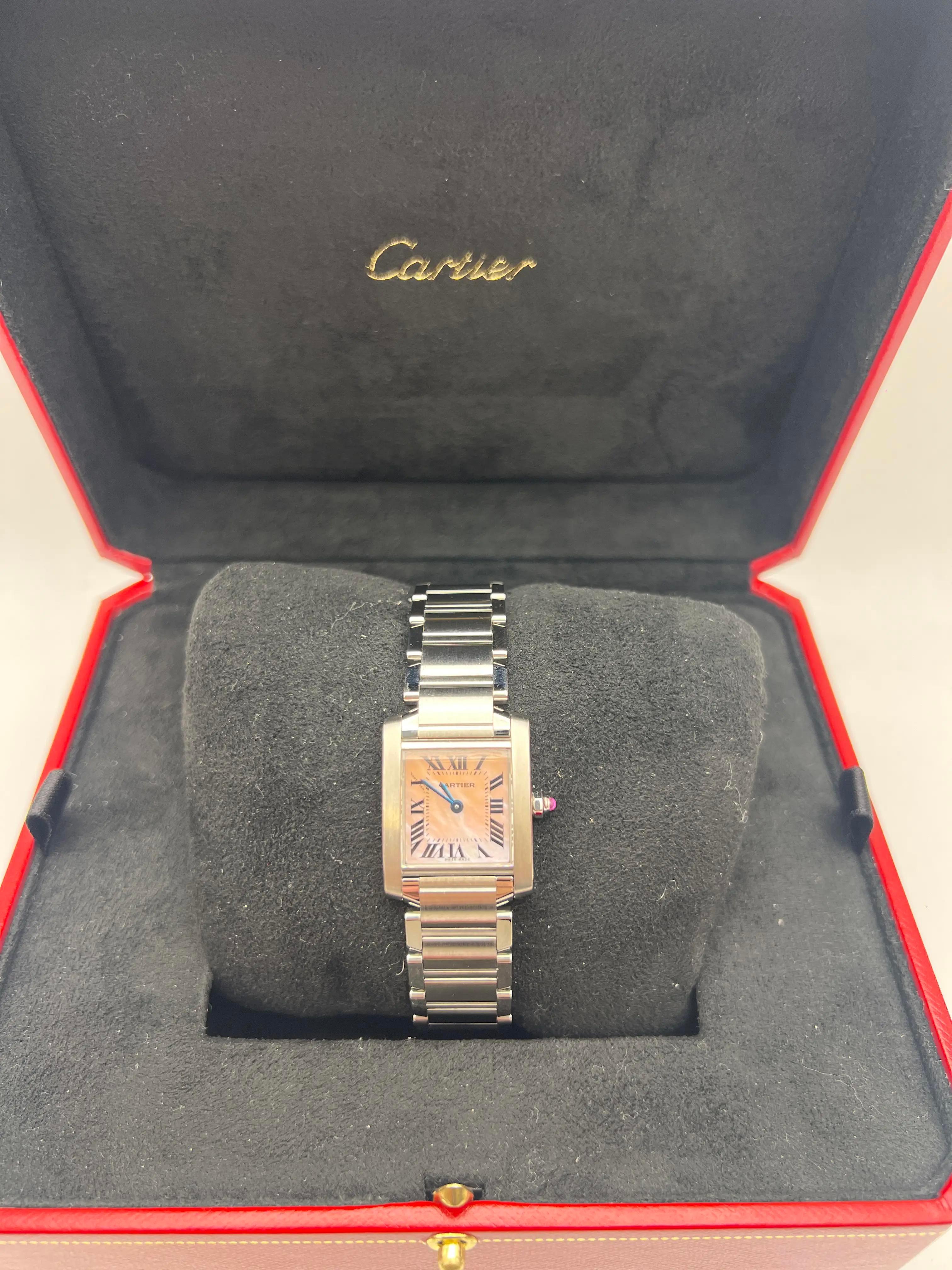 Cartier Tank Francaise Small 20mm W51028Q3 Pink Mother Of Pearl Dial w/ Box In Excellent Condition For Sale In New York, NY