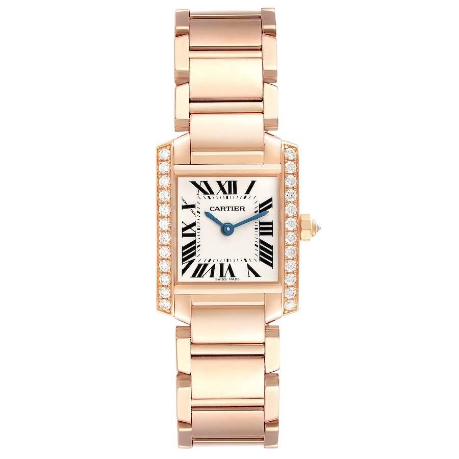 Cartier Tank Francaise Small Rose Gold Diamond Ladies Watch WE10456H Box Papers. Quartz movement. Rectangular 18K rose gold case, 25.0 x 20.0 mm. Octagonal crown set with a blue sapphire cabochon. Original Cartier factory diamond bezel. Scratch