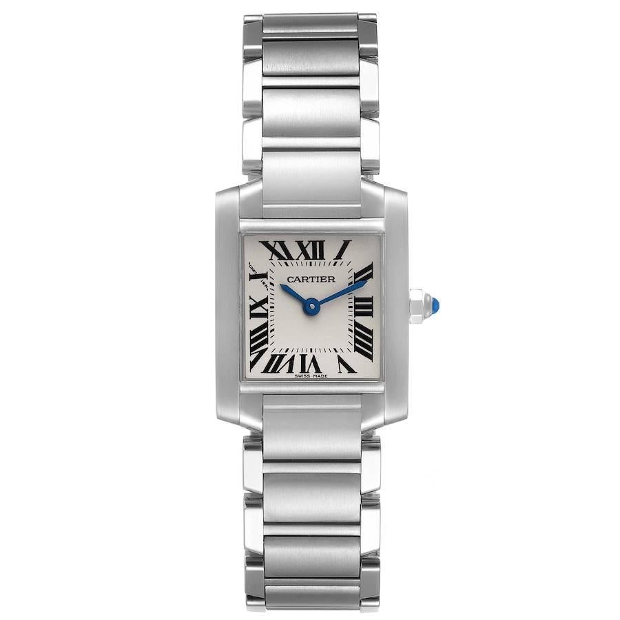 Cartier Tank Francaise Small Silver Dial Steel Ladies Watch W51008Q3 Box Papers. Quartz movement. Rectangular stainless steel 20.0 x 25.0 mm case. Octagonal crown set with a blue spinel cabochon. . Scratch resistant sapphire crystal. Silver opaline