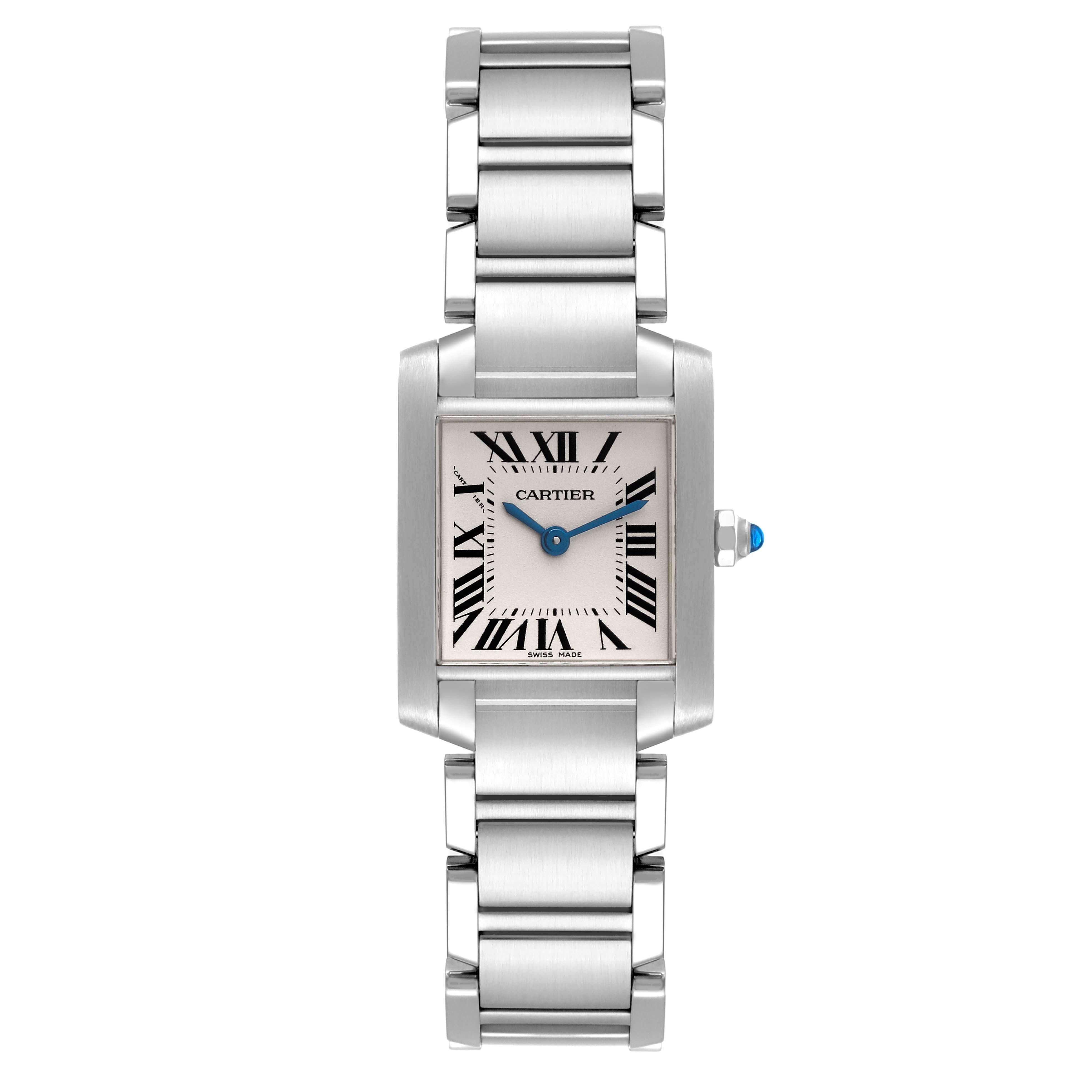 Cartier Tank Francaise Small Silver Dial Steel Ladies Watch W51008Q3 Box Papers. Quartz movement. Rectangular stainless steel 20.0 x 25.0 mm case. Octagonal crown set with a blue spinel cabochon. . Scratch resistant sapphire crystal. Silver opaline