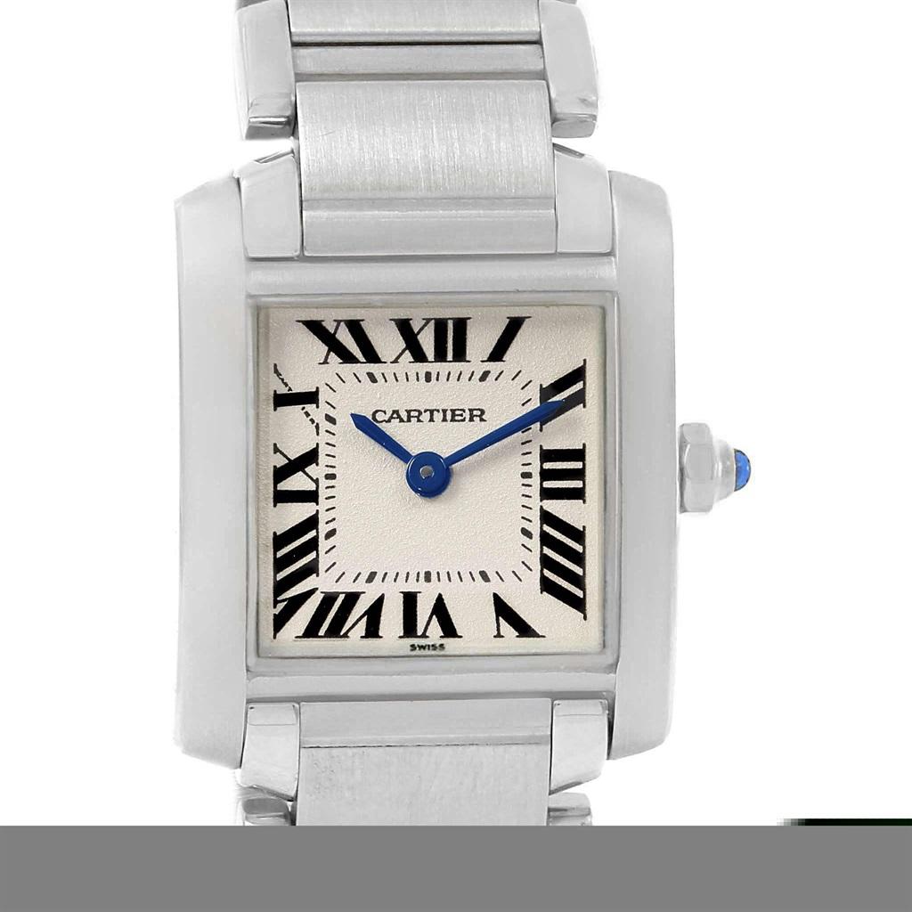 Cartier Tank Francaise Small Silver Dial Steel Ladies Watch W51008Q3. Quartz movement. Rectangular stainless steel 20.0 x 25.0 mm case. Octagonal crown set with a blue spinel cabochon. Scratch resistant sapphire crystal. Silver grained dial with