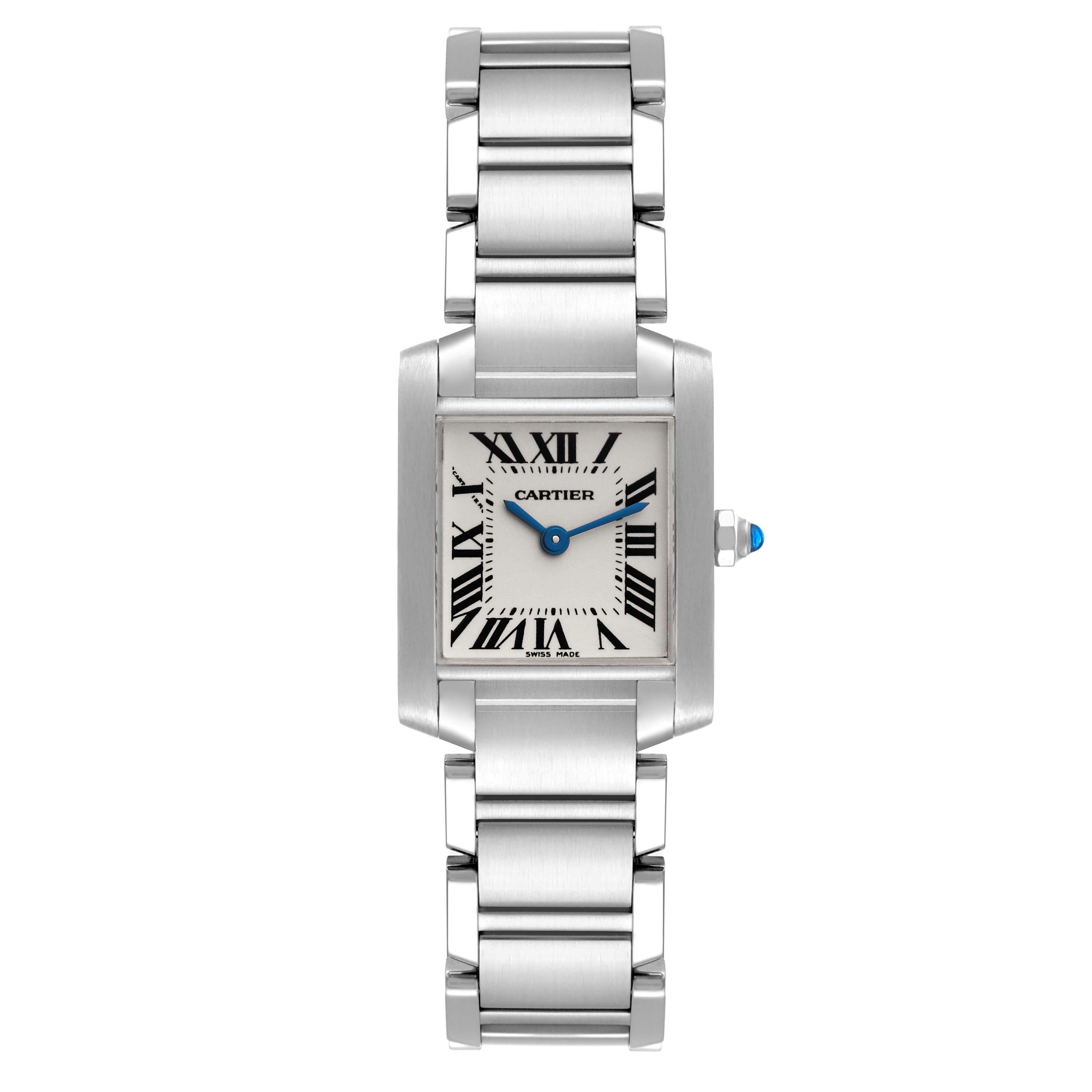 Cartier Tank Francaise Small Silver Dial Steel Ladies Watch W51008Q3. Quartz movement. Rectangular stainless steel 20.0 x 25.0 mm case. Octagonal crown set with a blue spinel cabochon. . Scratch resistant sapphire crystal. Silver opaline dial with