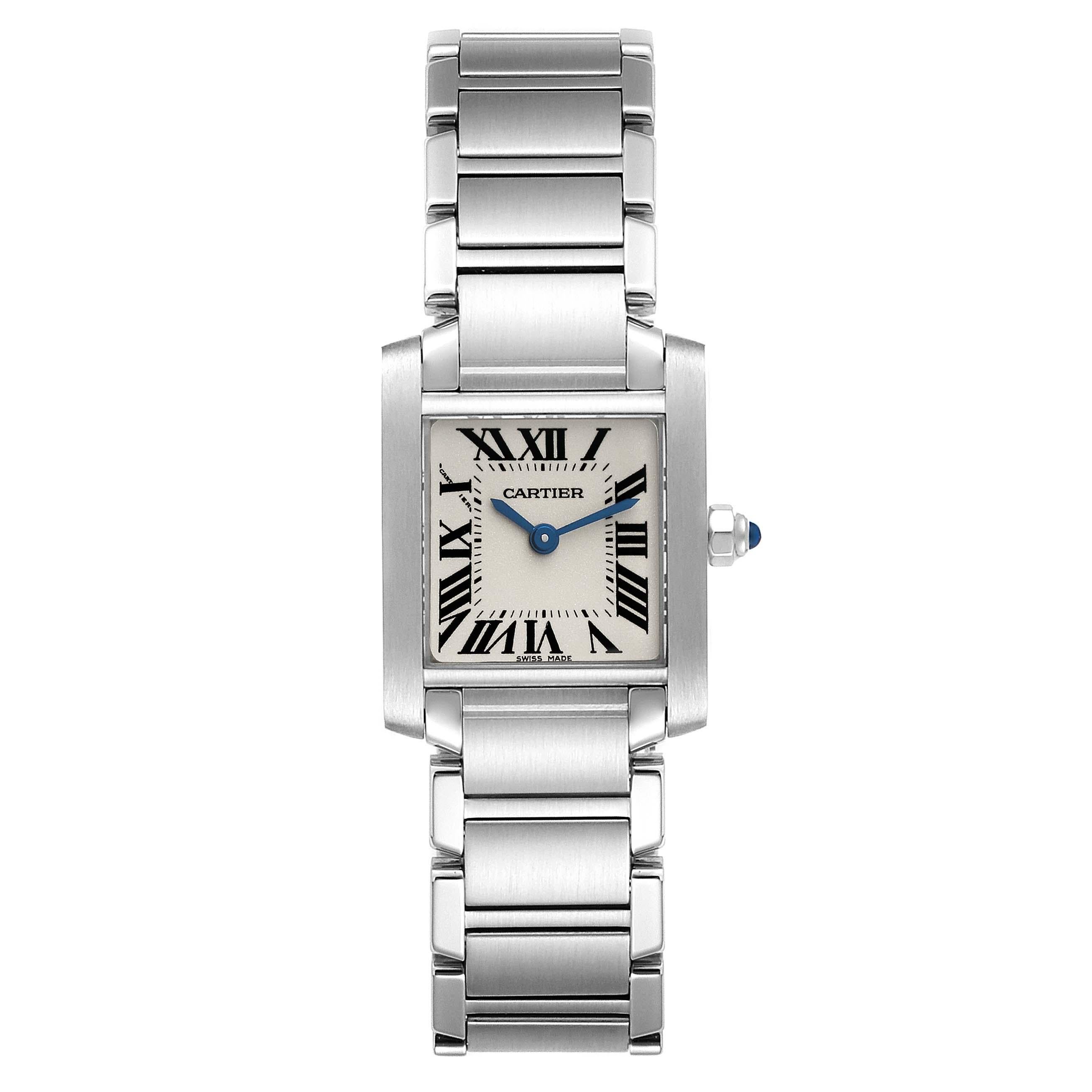 Cartier Tank Francaise Small Silver Dial Steel Ladies Watch W51008Q3. Quartz movement. Rectangular stainless steel 20.0 x 25.0 mm case. Octagonal crown set with a blue spinel cabochon. . Scratch resistant sapphire crystal. Silver opaline dial with