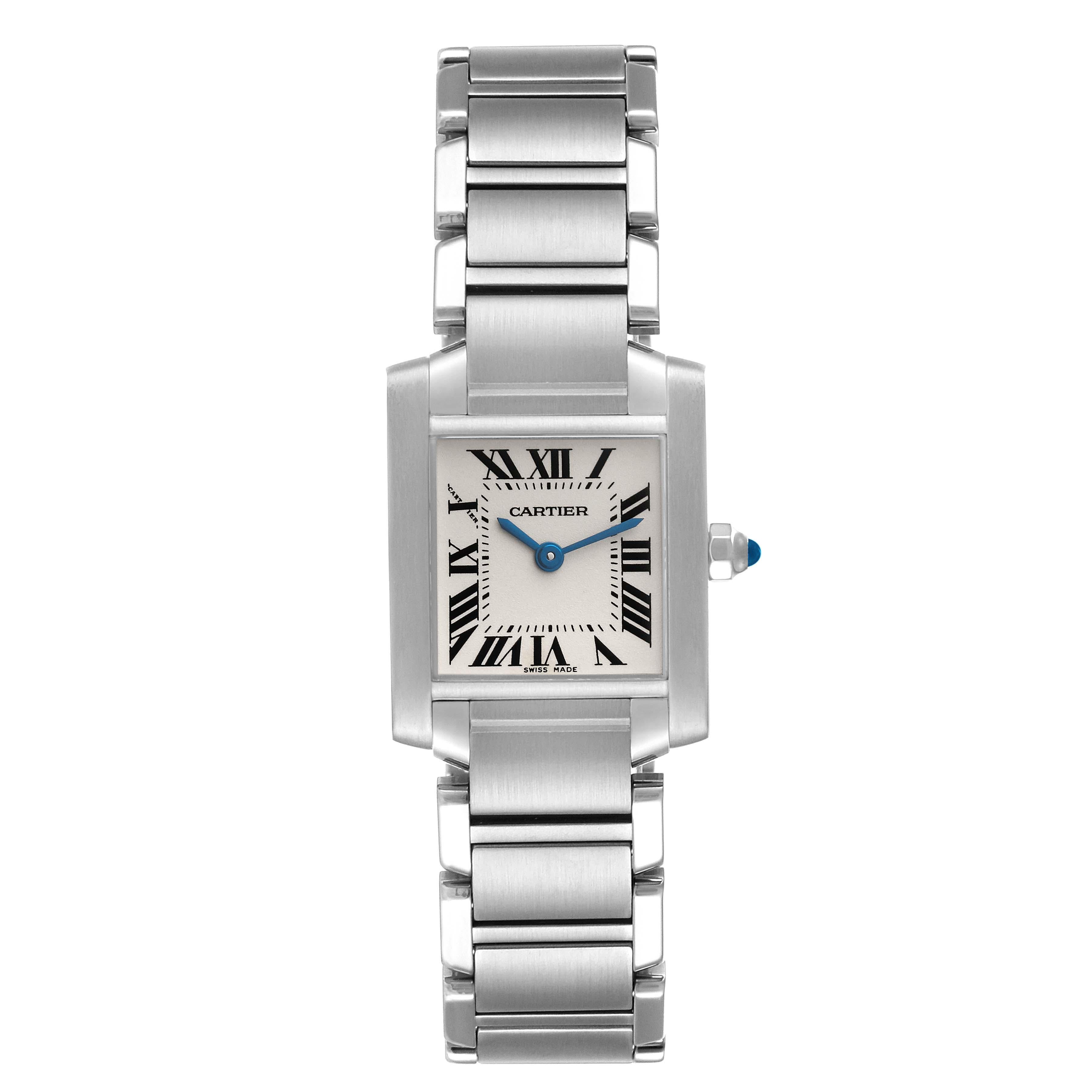 Cartier Tank Francaise Small Silver Dial Steel Ladies Watch W51008Q3 Papers. Quartz movement. Rectangular stainless steel 20.0 x 25.0 mm case. Octagonal crown set with a blue spinel cabochon. . Scratch resistant sapphire crystal. Silver opaline dial