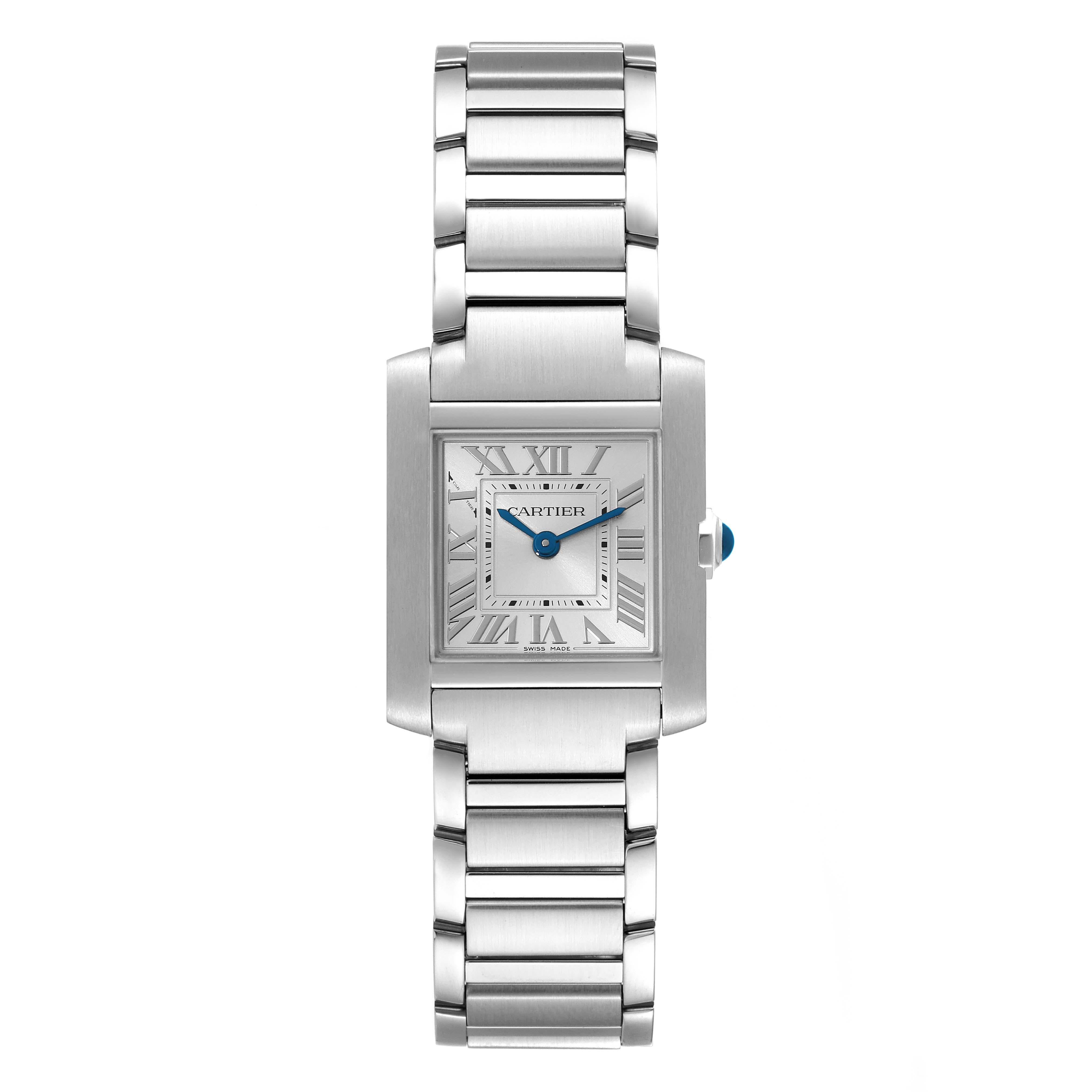 Cartier Tank Francaise Small Silver Dial Steel Ladies Watch WSTA0065. Quartz movement. Rectangular stainless steel 25.7 x 21.2 mm case. Octagonal crown set with a blue spinel cabochon. . Scratch resistant sapphire crystal. Silver opaline dial with