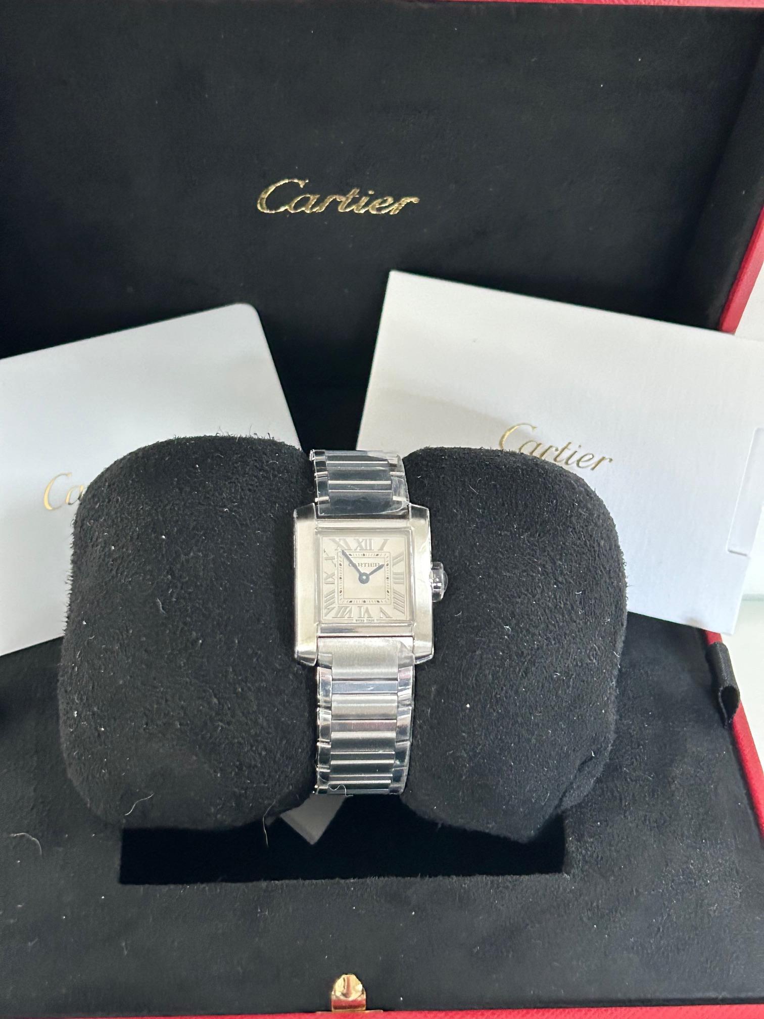 Women's or Men's Cartier Tank Francaise Small Size Wristwatch, Silver Sun Dial, Full Set, Yr 2023