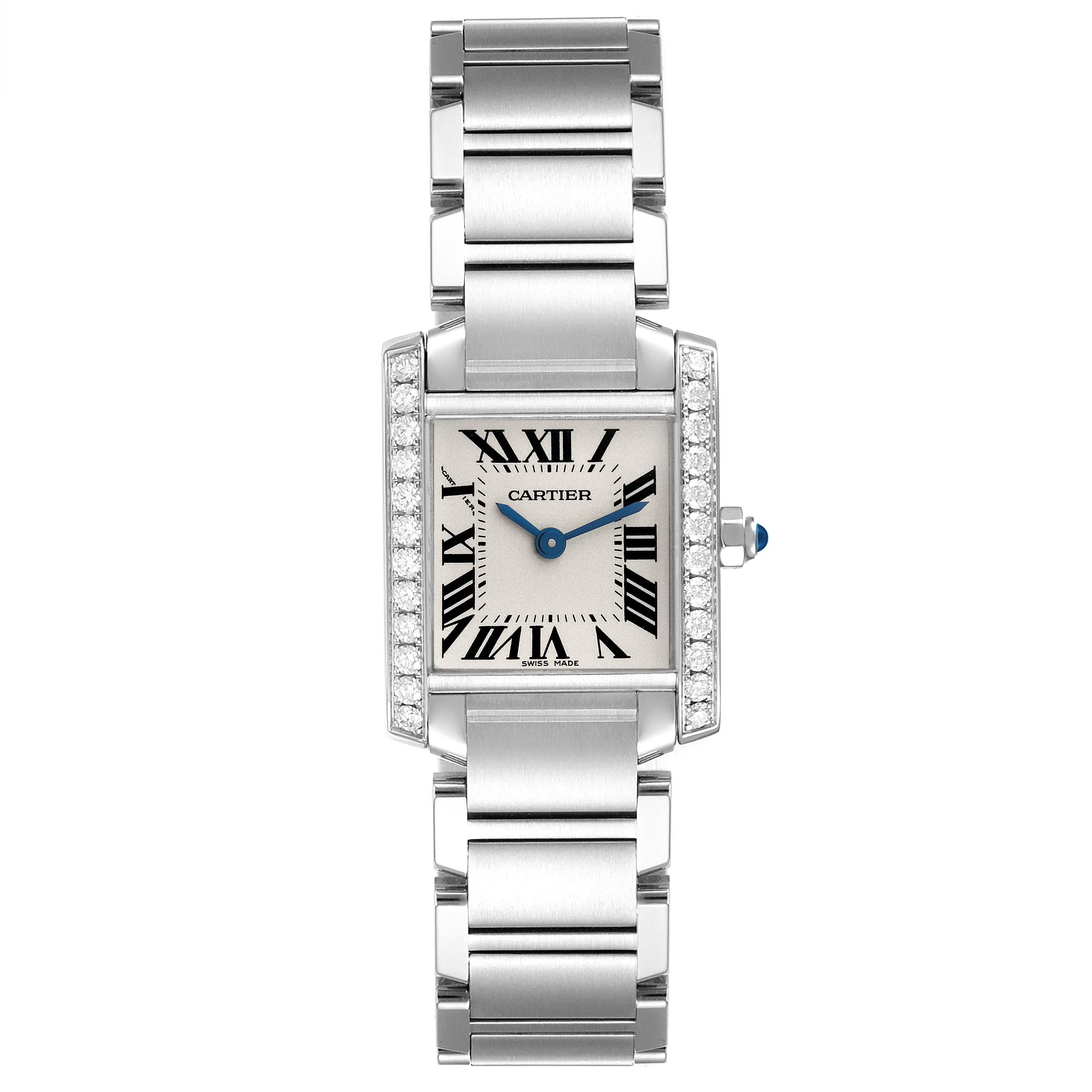 Cartier Tank Francaise Small Steel Diamond Bezel Ladies Watch W4TA0008 Box Card In Excellent Condition For Sale In Atlanta, GA