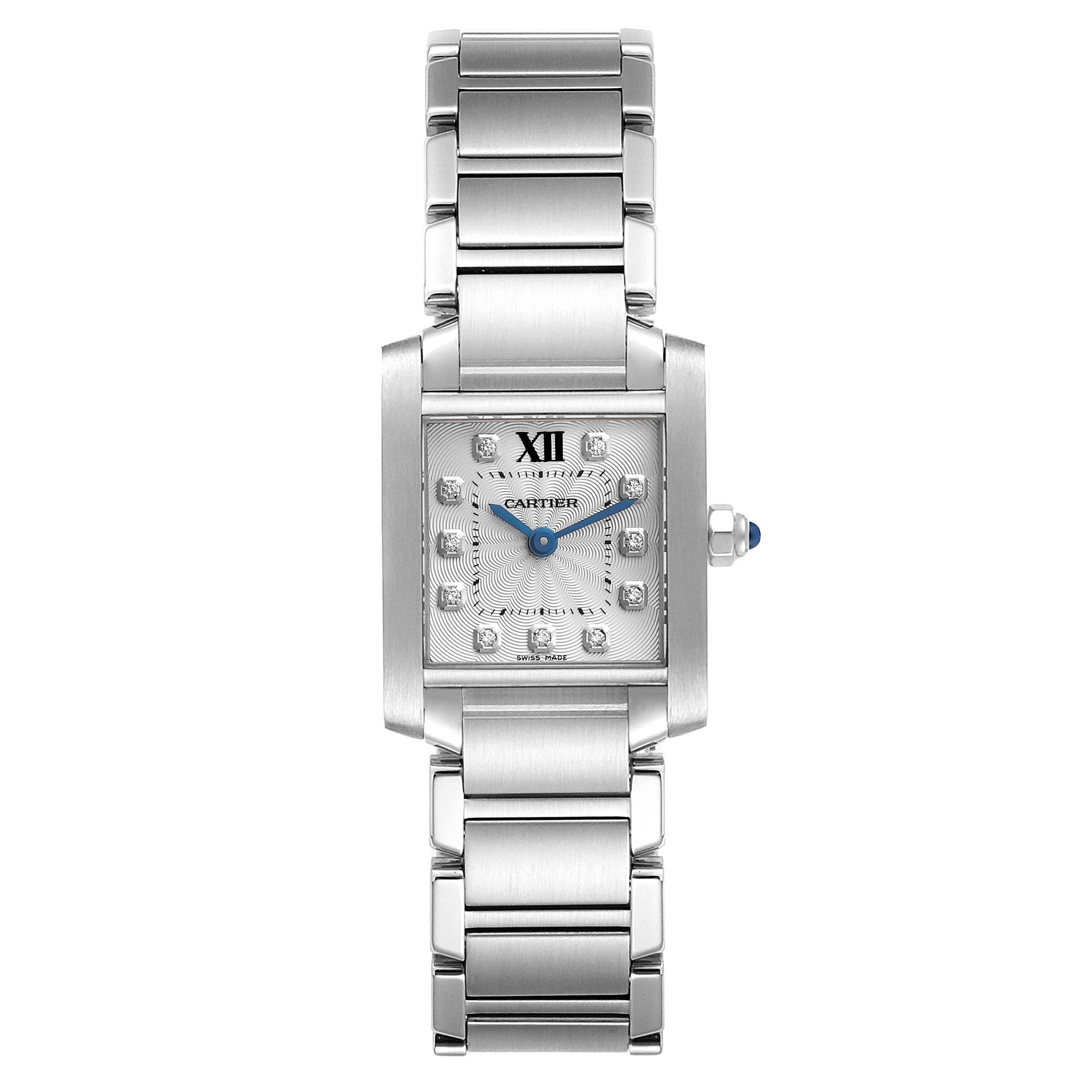 Cartier Tank Francaise Small Steel Diamond Dial Ladies Watch WE110006. Quartz movement. Rectangular stainless steel 20 x 25 mm case. Octagonal crown set with a blue spinel cabochon. . Scratch resistant sapphire crystal. Silver guilloche dial with