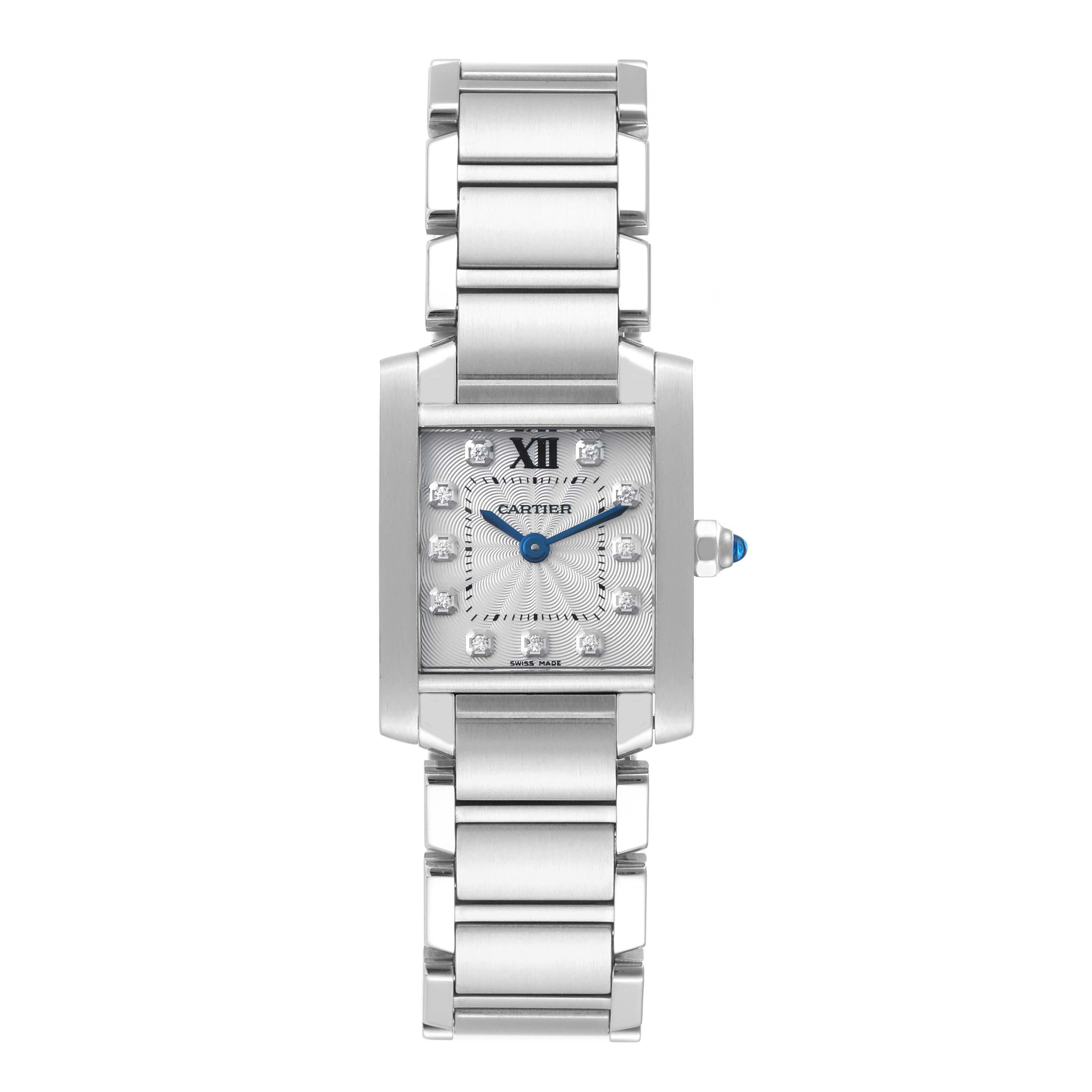 Cartier Tank Francaise Small Steel Diamond Dial Ladies Watch WE110006. Quartz movement. Rectangular stainless steel 20 x 25 mm case. Octagonal crown set with a blue spinel cabochon. . Scratch resistant sapphire crystal. Silver guilloche dial with