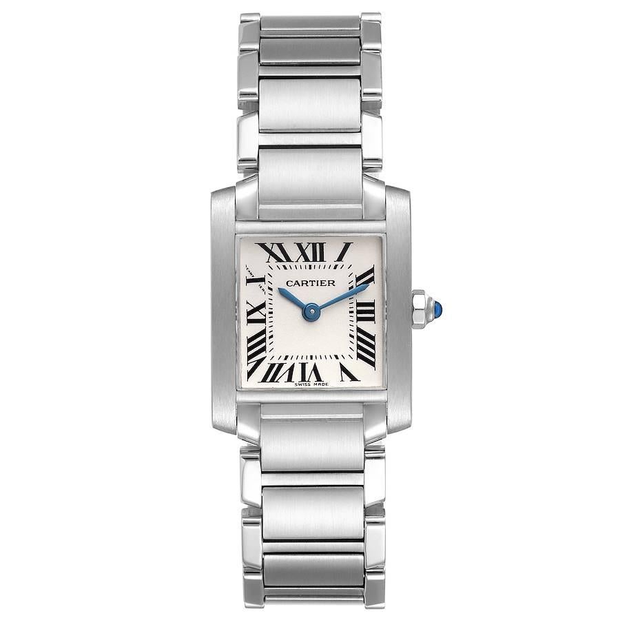 Cartier Tank Francaise Small Steel Ladies Watch W51008Q3 Box Papers. Quartz movement. Rectangular stainless steel 20.0 x 25.0 mm case. Octagonal crown set with a blue spinel cabochon. . Scratch resistant sapphire crystal. Silver opaline dial with