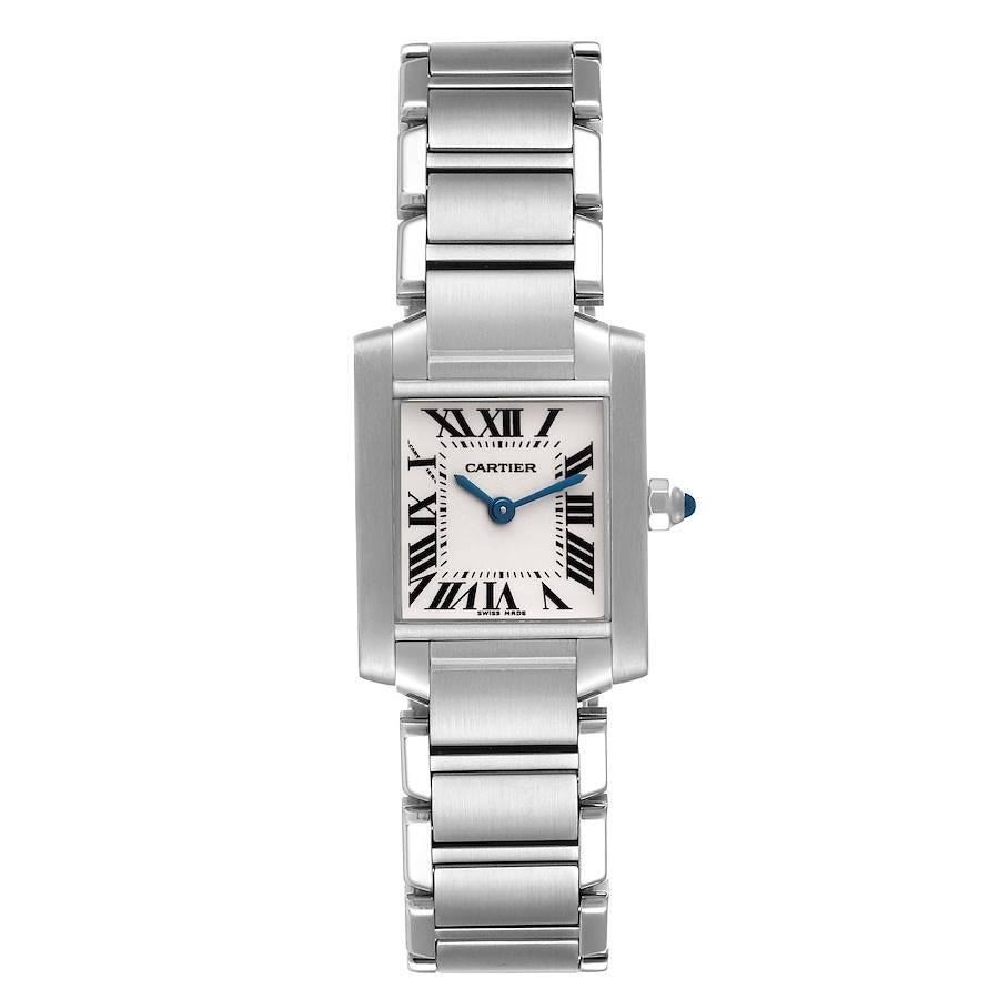 Cartier Tank Francaise Small Steel Ladies Watch W51008Q3. Quartz movement. Rectangular stainless steel 20.0 x 25.0 mm case. Octagonal crown set with a blue spinel cabochon. . Scratch resistant sapphire crystal. Silver opaline dial with black radial