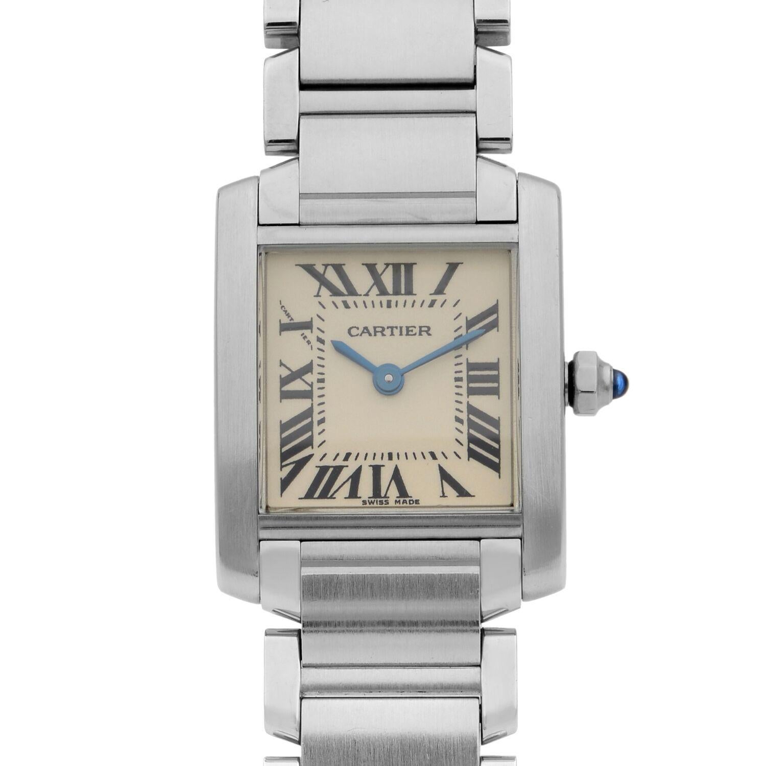 This pre-owned Cartier Tank W51008Q3 is a beautiful Womens timepiece that is powered by a quartz movement which is cased in a stainless steel case. It has a square shape face,  dial and has hand roman numerals style markers. It is completed with a