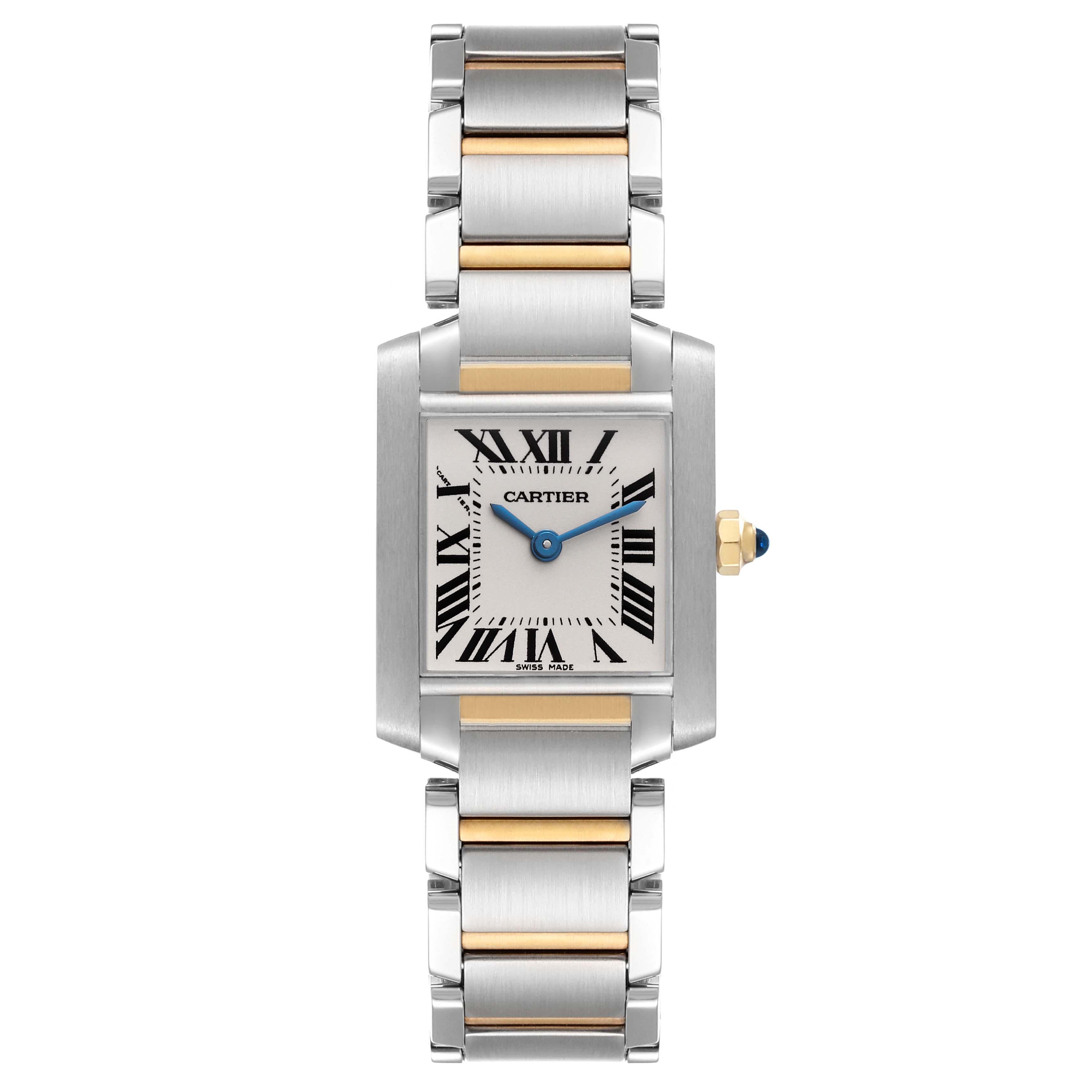 Cartier Tank Francaise Small Steel Yellow Gold Ladies Watch W51007Q4 Box Papers. Quartz movement. Rectangular stainless steel 25.0 x 20.0 mm case. Octagonal 18k yellow gold crown set with a blue spinel cabochon. . Scratch resistant sapphire crystal.