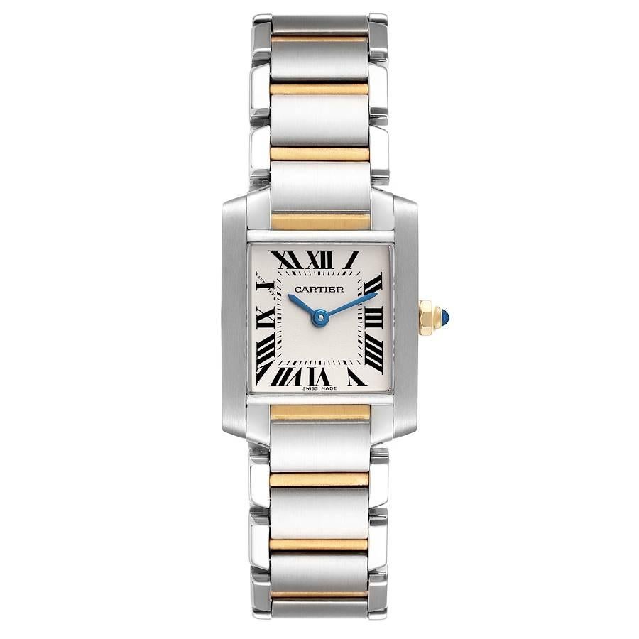 Cartier Tank Francaise Small Steel Yellow Gold Ladies Watch W51007Q4. Quartz movement. Rectangular stainless steel 25.0 x 20.0 mm case. Octagonal 18k yellow gold crown set with a blue spinel cabochon. . Scratch resistant sapphire crystal. Silvered