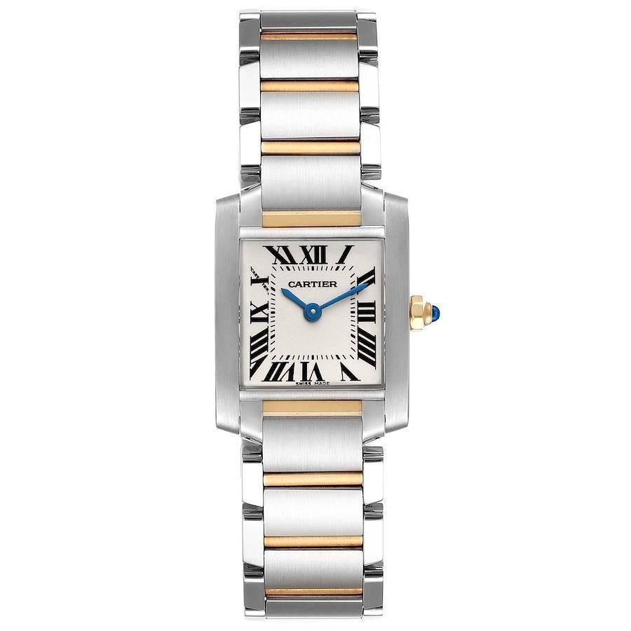 Cartier Tank Francaise Small Steel Yellow Gold Ladies Watch W51007Q4. Quartz movement. Rectangular stainless steel 25.0 x 20.0 mm case. Octagonal 18k yellow gold crown set with a blue cabochon. . Scratch resistant sapphire crystal. Silvered opaline