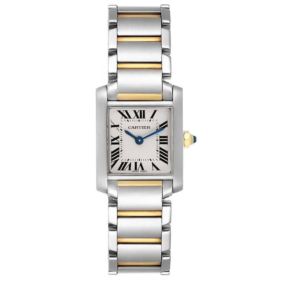 Cartier Tank Francaise Small Two Tone Ladies Watch W51007Q4. Quartz movement. Rectangular stainless steel 25.0 x 20.0 mm case. Octagonal 18k yellow gold crown set with a blue spinel cabochon. . Scratch resistant sapphire crystal. Silvered grained