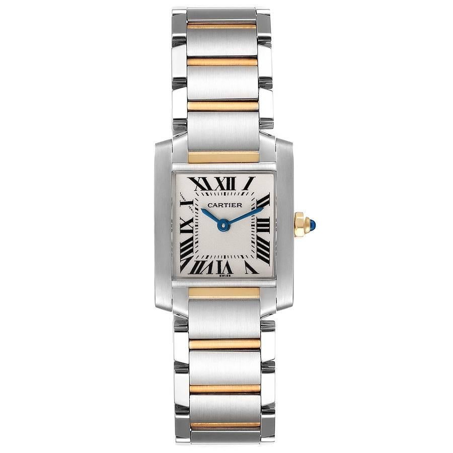 Cartier Tank Francaise Small Two Tone Ladies Watch W51007Q4. Quartz movement. Rectangular stainless steel 25.0 x 20.0 mm case. Octagonal 18k yellow gold crown set with a blue spinel cabochon. . Scratch resistant sapphire crystal. Silvered grained