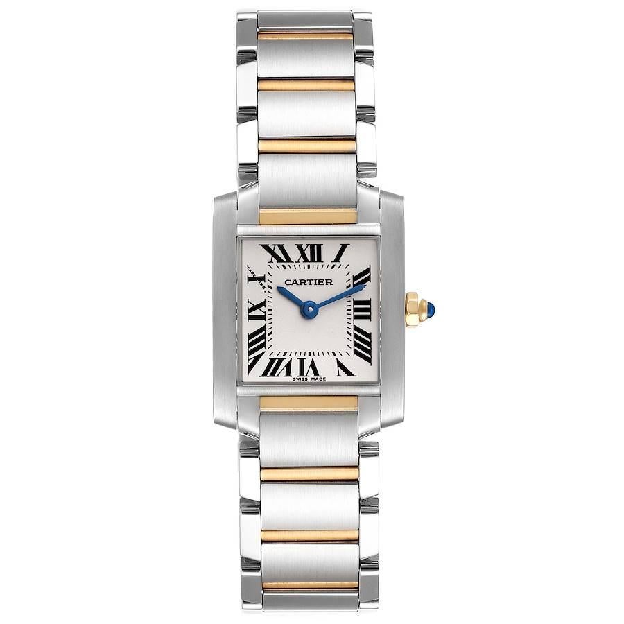 Cartier Tank Francaise Small Two Tone Ladies Watch W51007Q4. Quartz movement. Rectangular stainless steel 25.0 x 20.0 mm case. Octagonal 18k yellow gold crown set with a blue spinel cabochon. . Scratch resistant sapphire crystal. Silvered grained